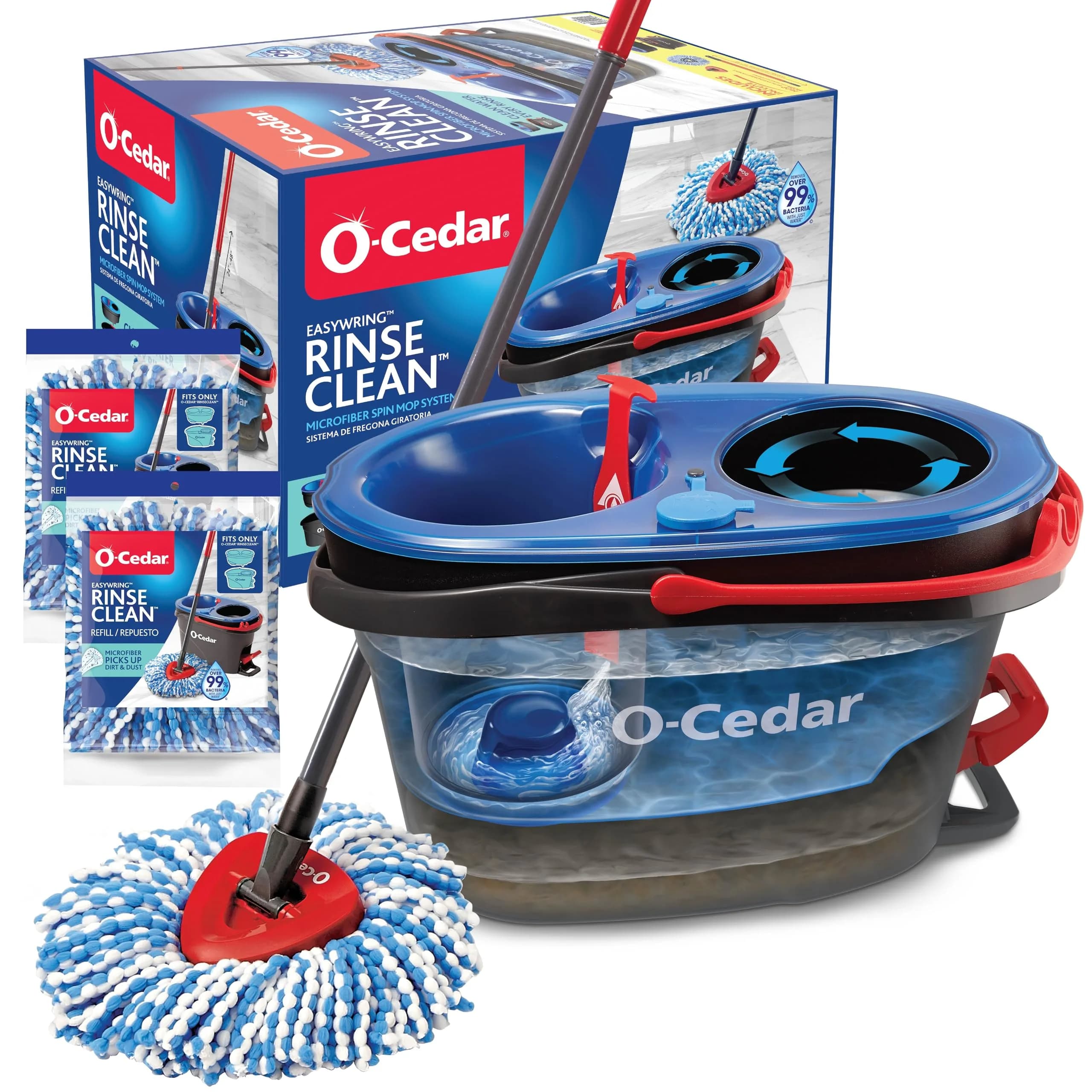 O-Cedar RinseClean Spin Mop & Bucket System with 3 Microfiber Heads | Cleans with Clean Water, Removes 99% Bacteria - main product image