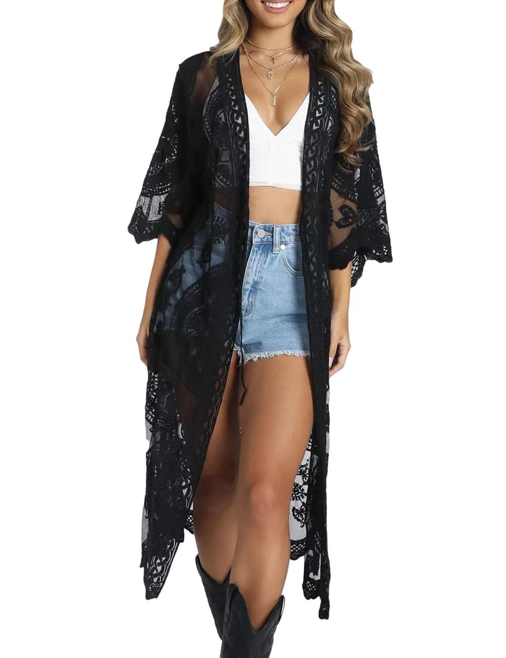 Bsubseach Women Lace Cardigan Beach Kimono Open Front Swimsuit Cover Ups | Sheer Flowy Lightweight
