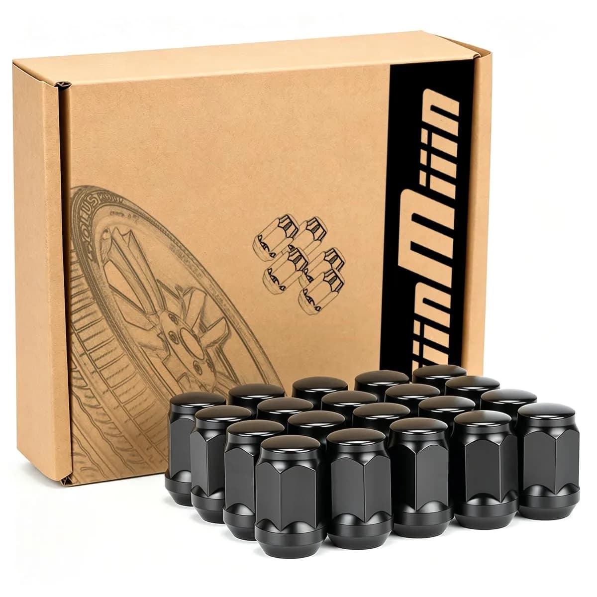 JiiinMiiin M12x1.25 Black Lug Nuts with Cone Seat, 20PCS | Durable Alloy Steel, Rust-Resistant - main product image