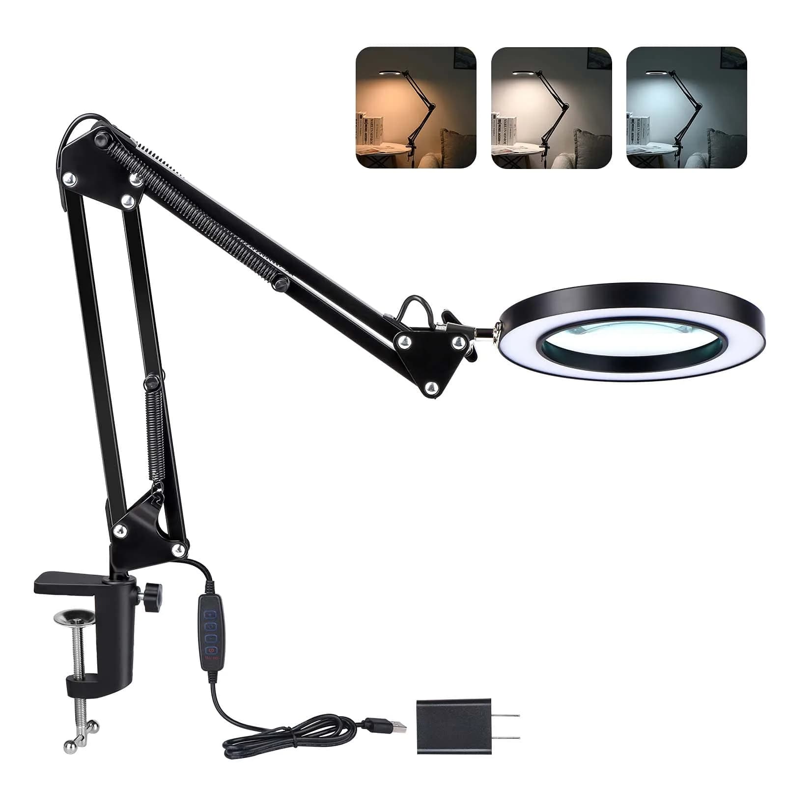 Dylviw Magnifying Glass with Light and Stand | 5-Diopter Glass Lens, Adjustable Swivel Arm, 3 Color Modes, LED Desk Lamp for Crafts & Reading