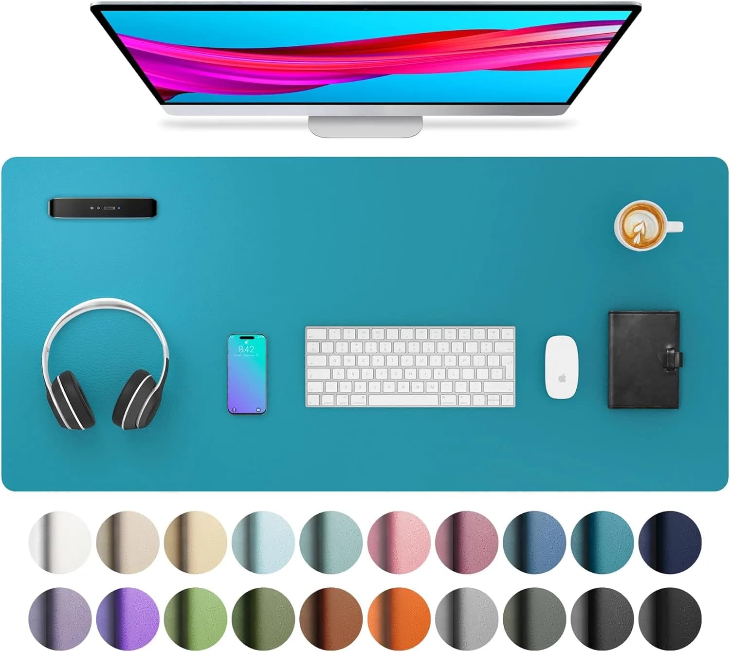 Aothia Leather Desk Pad Protector, Large Mouse Pad, Office Desk Mat, Non-Slip PU Leather Desk Blotter, Turquoise (36" x 17") - main product image