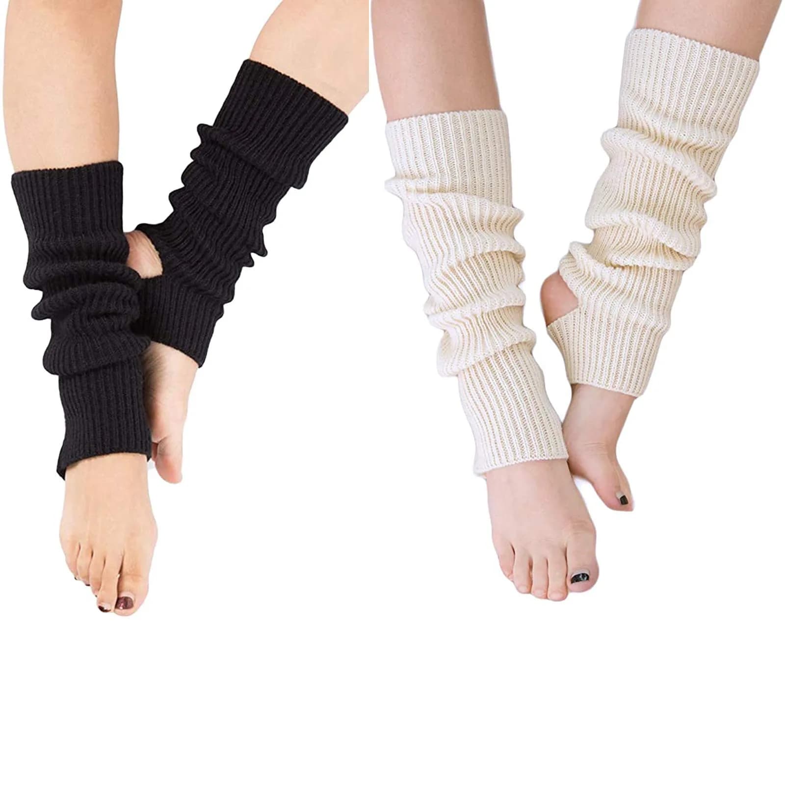 YUANQIAN Women's Extra Soft Stirrup Leg Warmers - 43cm (16.93in) - Black & White (2-Pair Pack)