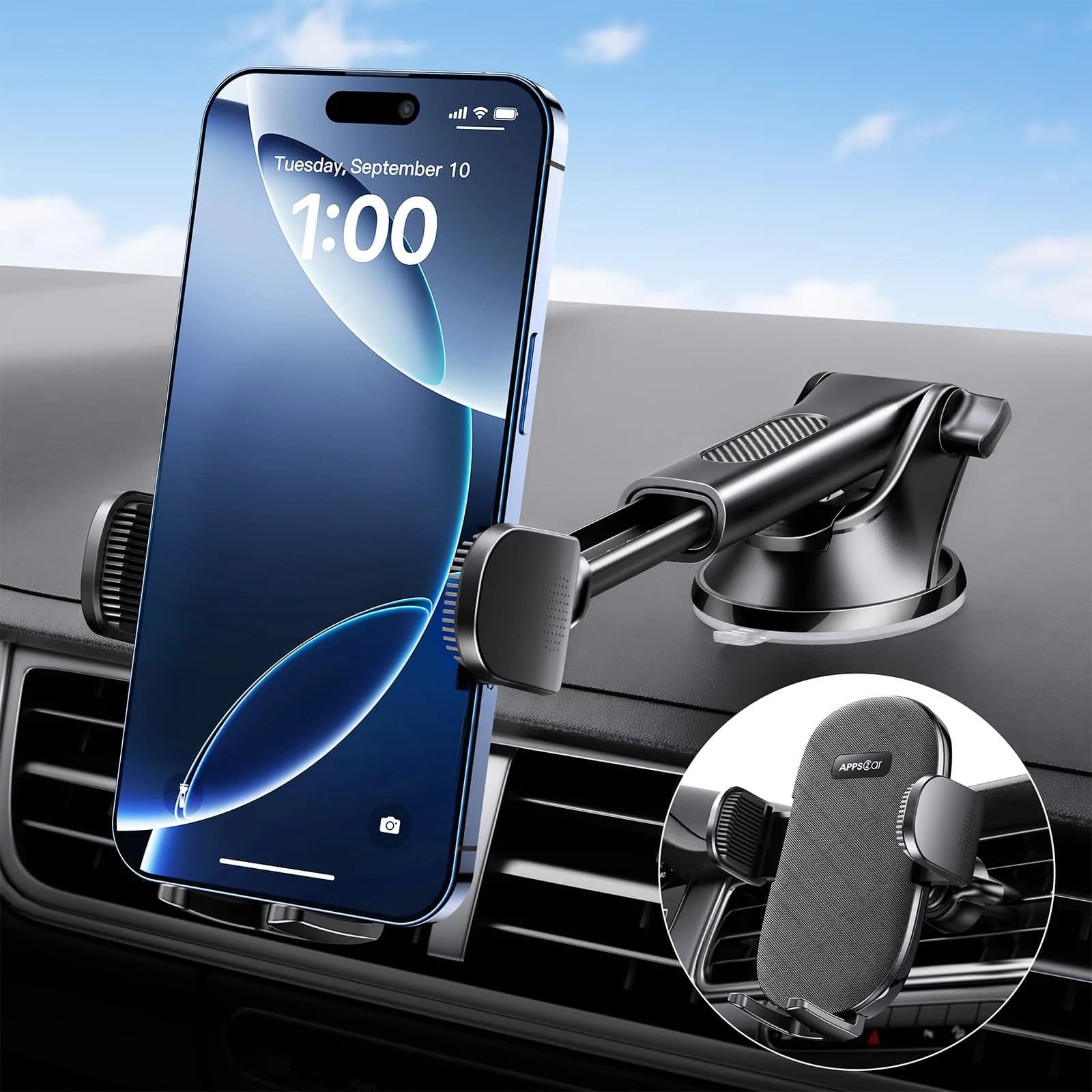 APPS2Car Car Phone Holder Mount, Strong Suction Dashboard & Windshield, Fits 4-7 Inch Phones, 360° Rotation, One-Touch Release, Ideal for Delivery & Uber