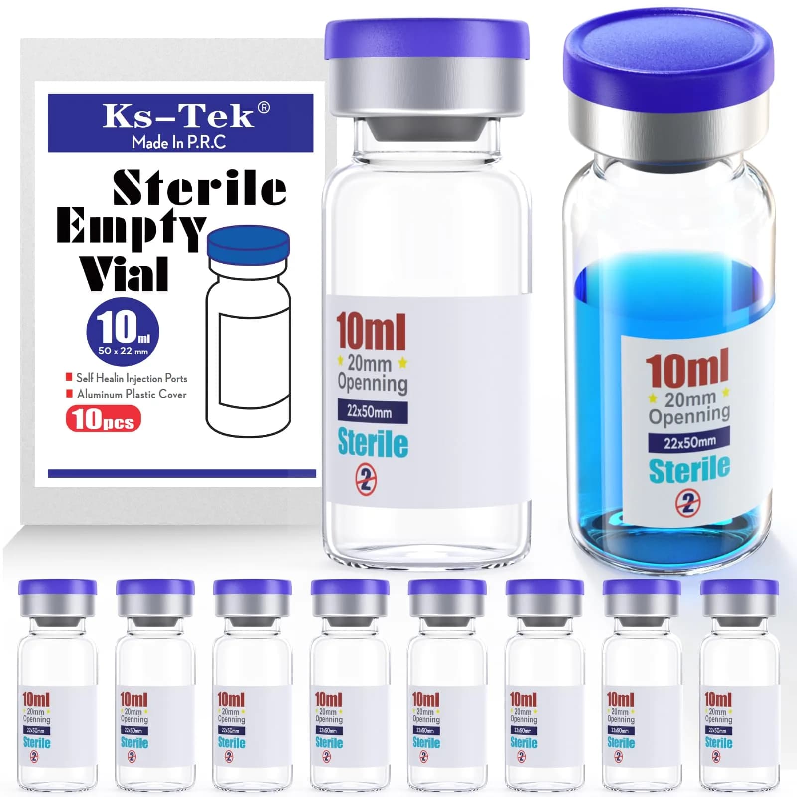 Ks-Tek Sterile Empty Vials with Self-Healing Injection Port 10ml (0.338 Fl Oz) | Pack of 10 - main product image