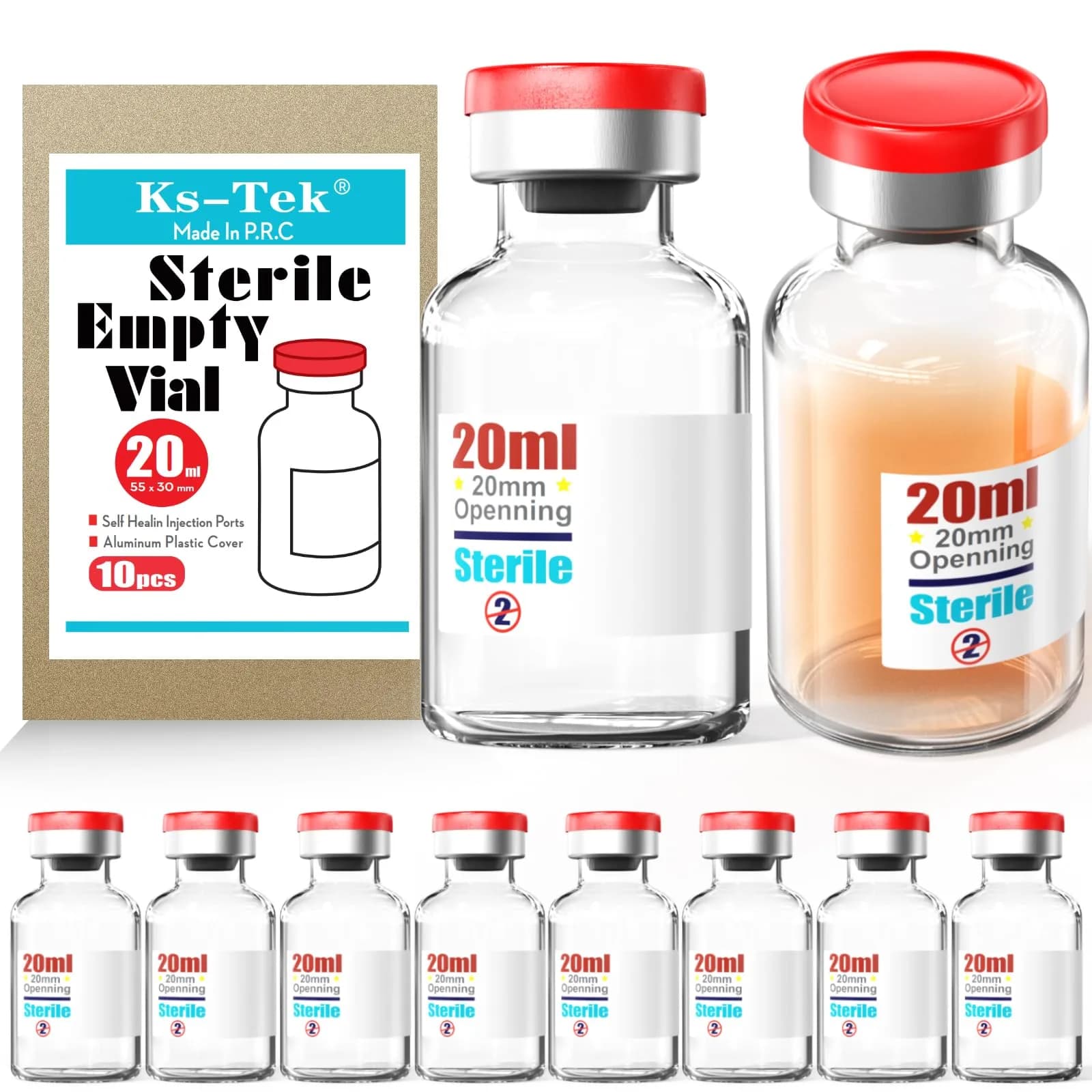 Ks-Tek Sterile Glass Sample Vials 20ml (0.676 Fl Oz) with Injection Port & Flip-Off Cap | Pack of 10 - main product image