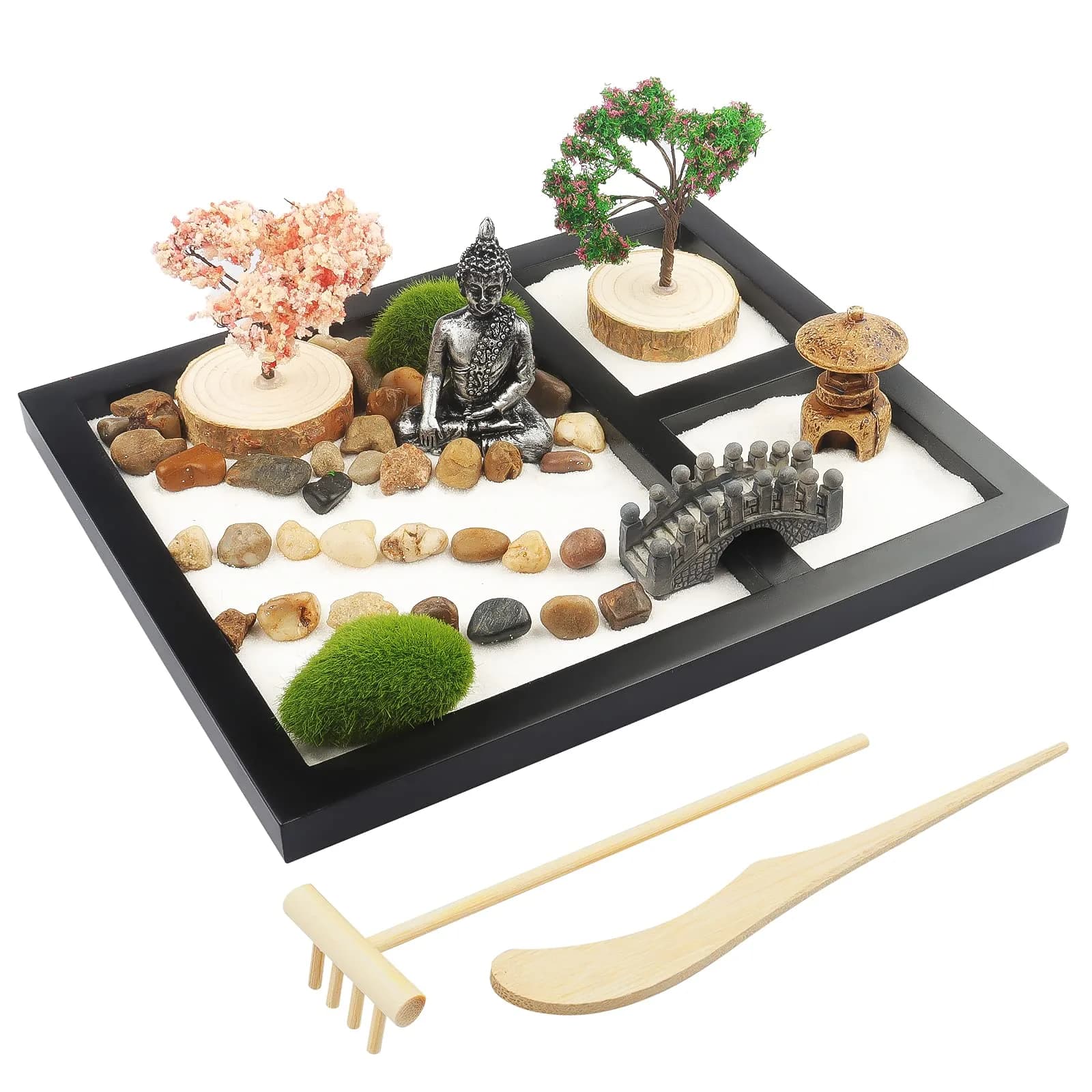 Melonva Sakura Budah Mini Zen Garden 9" x 7" | Desktop Meditation Decor with White Sand & Bonsai - main product image