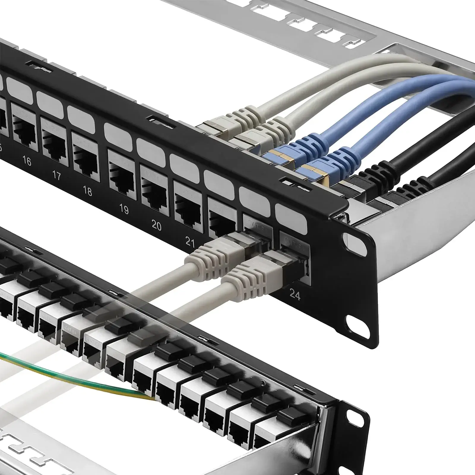 Rapink 24-Port Cat6A Shielded Patch Panel 19-Inch | 10Gbps STP Network Panel with Toolless Keystone Couplers - main product image