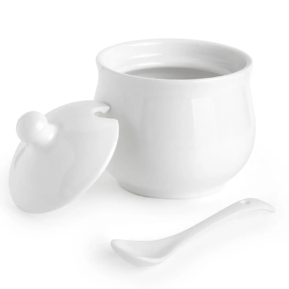 Swetwiny Ceramic Sugar Bowl with Lid and Spoon, 7 Ounces | Classic White Porcelain Kitchen Storage