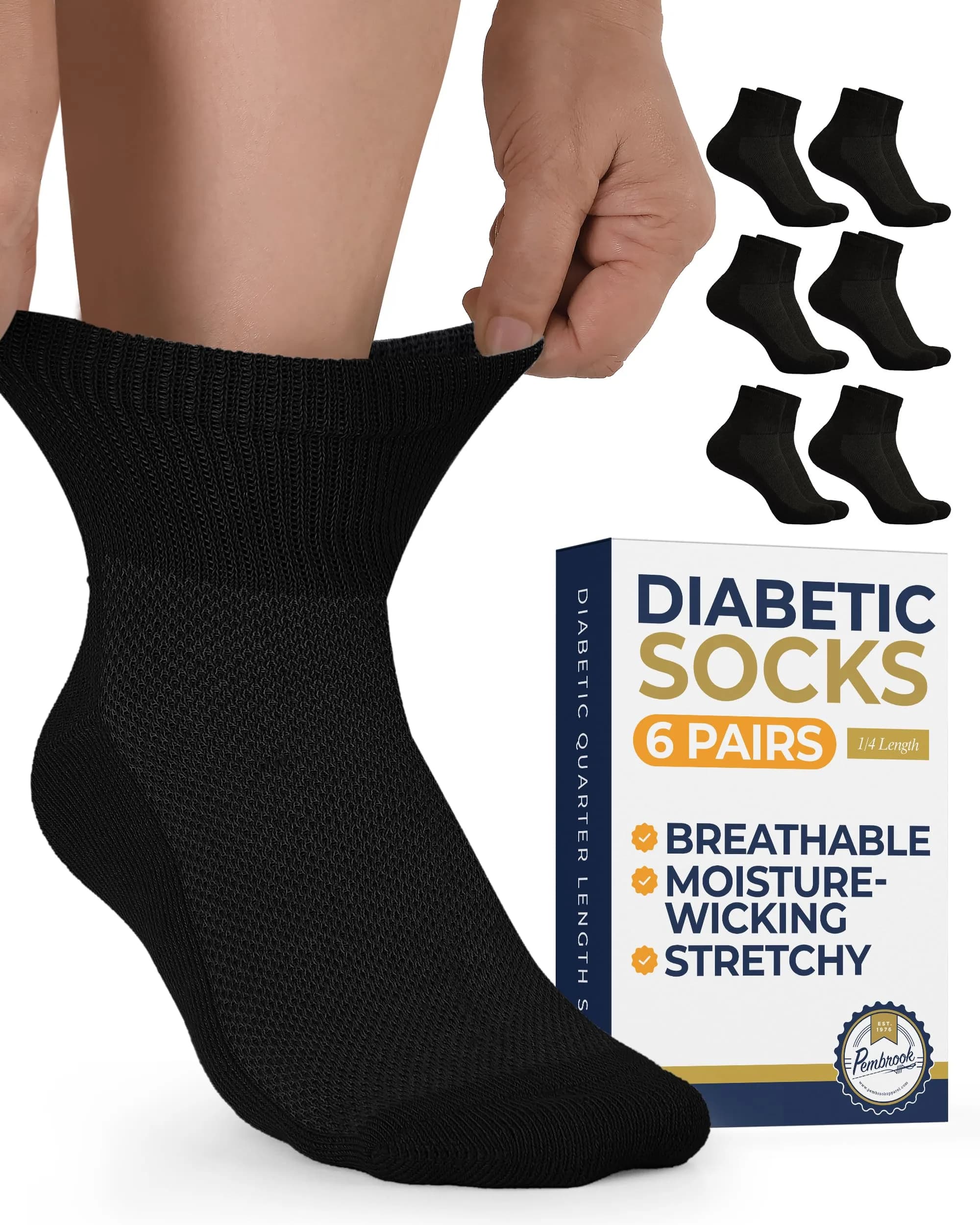 Pembrook Black Diabetic Socks for Men & Women | 6 Pairs | Medium (Men 5-9, Women 6-10) | Moisture-Wicking Ankle Socks - main product image