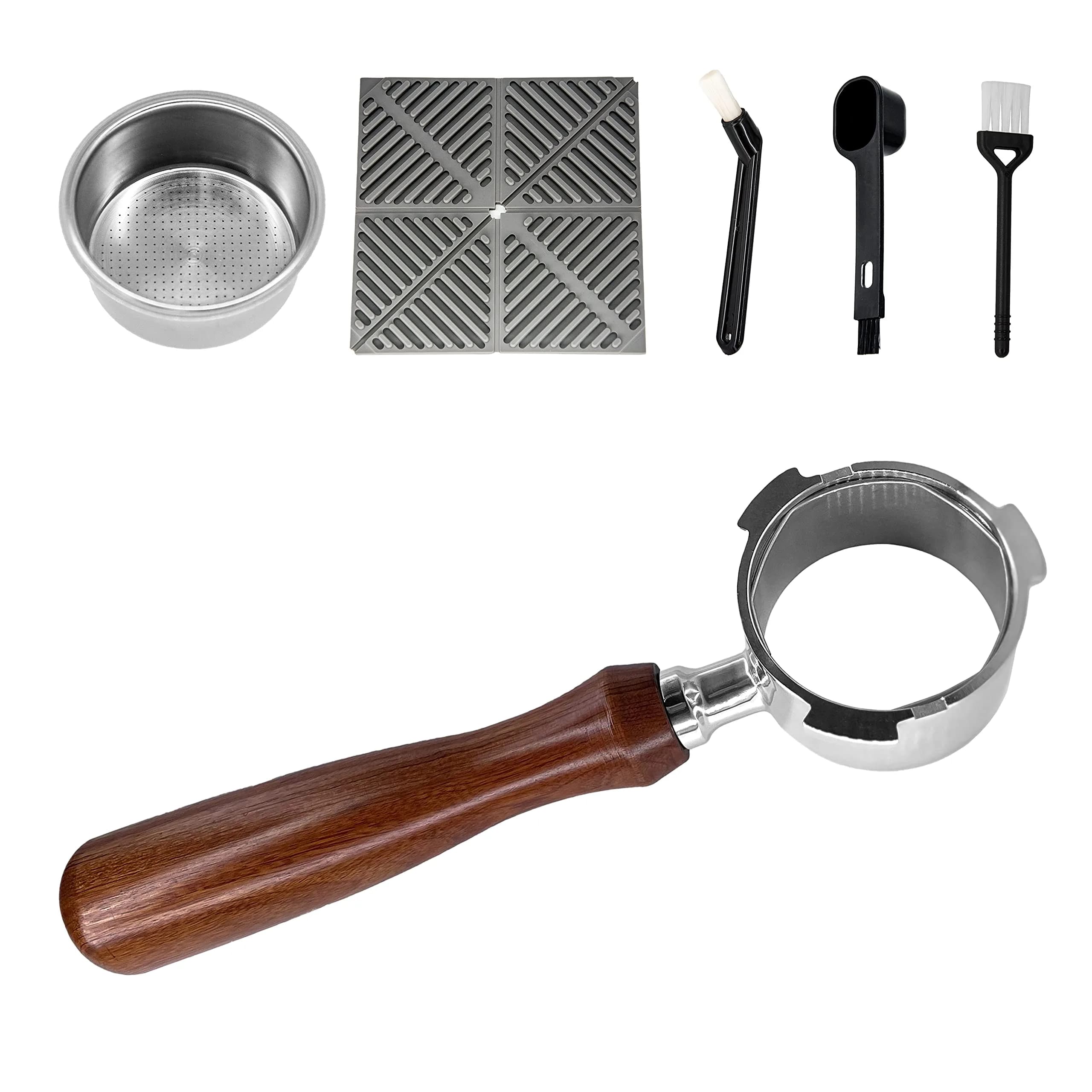 NEOUZA 51mm Bottomless Portafilter with Rosewood Handle | Includes Basket, Spoon, Mat, Brushes (1-Pack) - main product image