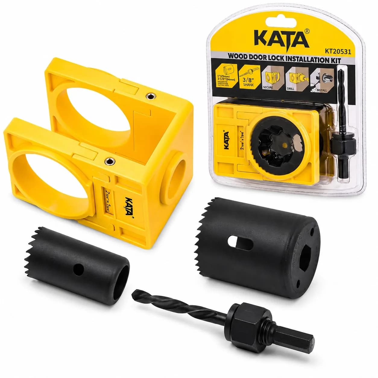 KATA Door Lock Installation Kit for Wood Doors 1.38-1.75 inch Thick | Includes Guide Template, Hole Saws, and Arbor - main product image