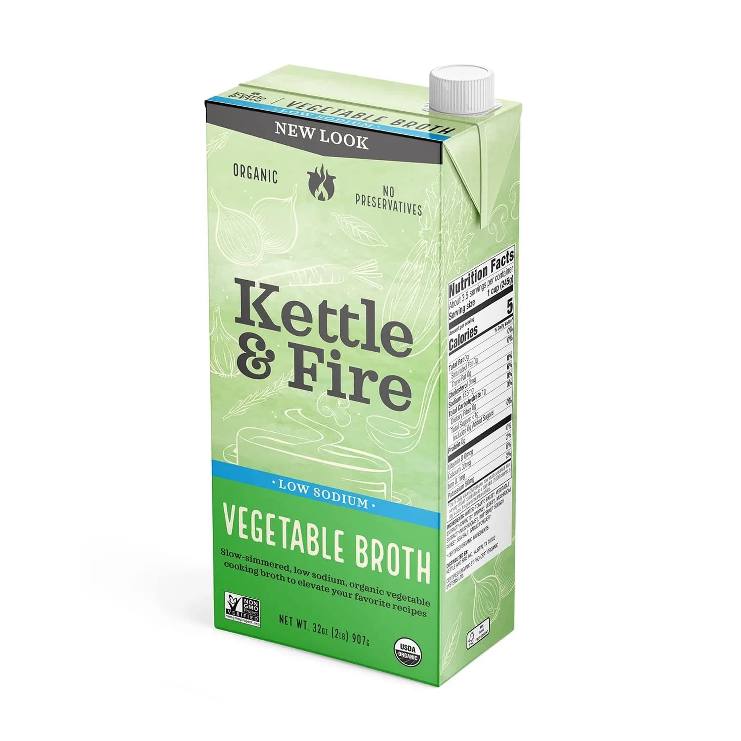 Kettle & Fire Organic Vegetable Cooking Broth Low Sodium 946ml (32 Ounce) | USDA Organic, Vegan, Gluten-Free - main product image