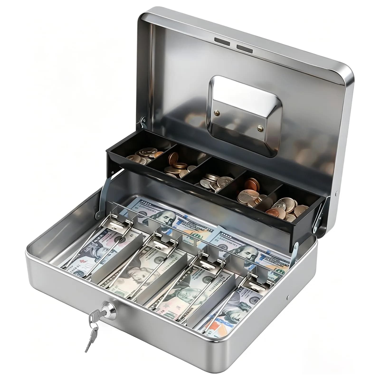 KYODOLED Lightgrey Locking Cash Box with Money Tray & Key Lock, 11.81x9.45x3.54 Inches - main product image