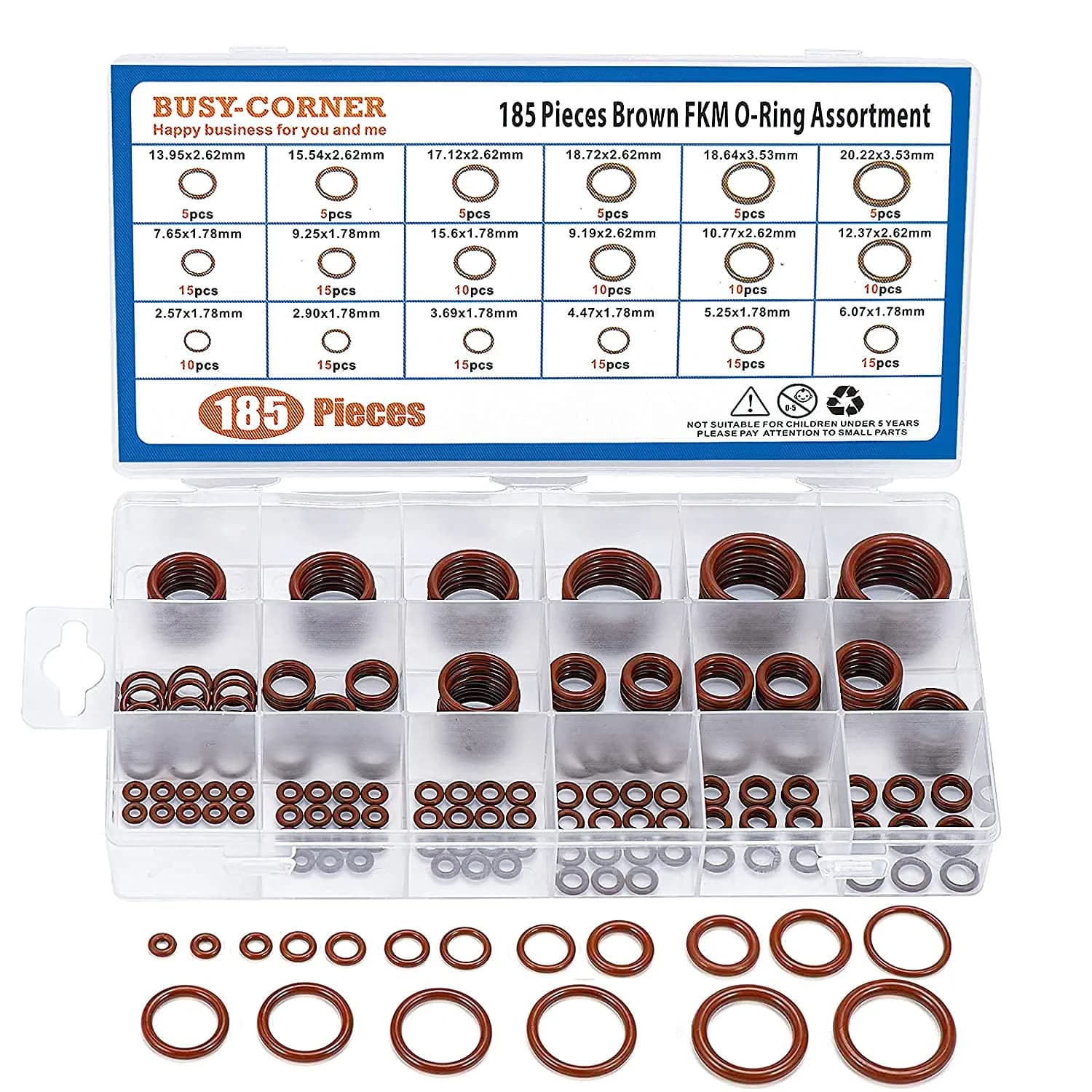 BUSY-CORNER 185 Pieces FKM O-Ring Kit with 18 AS-568 Sizes, 2.57mm-20.22mm ID, 1.78mm-3.53mm Thickness | High-Temp & Chemical Resistant Seals - main product image