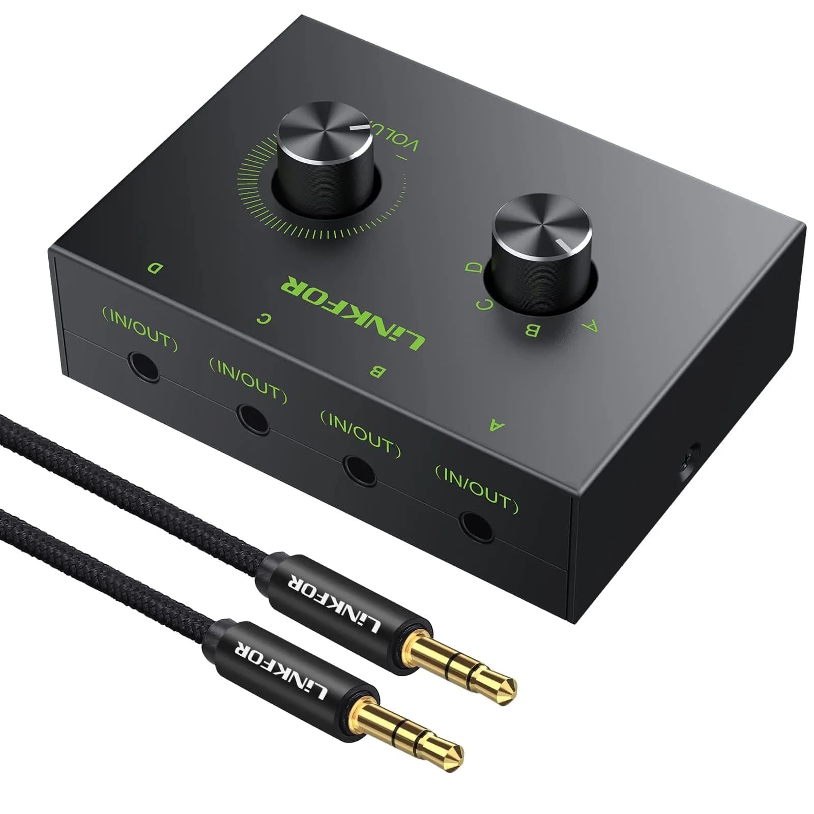 LiNKFOR 4-Port Bidirectional 3.5mm Audio Switch with Volume Control | Compact, Easy Install, Supports 2V Max Signal (70-120c)