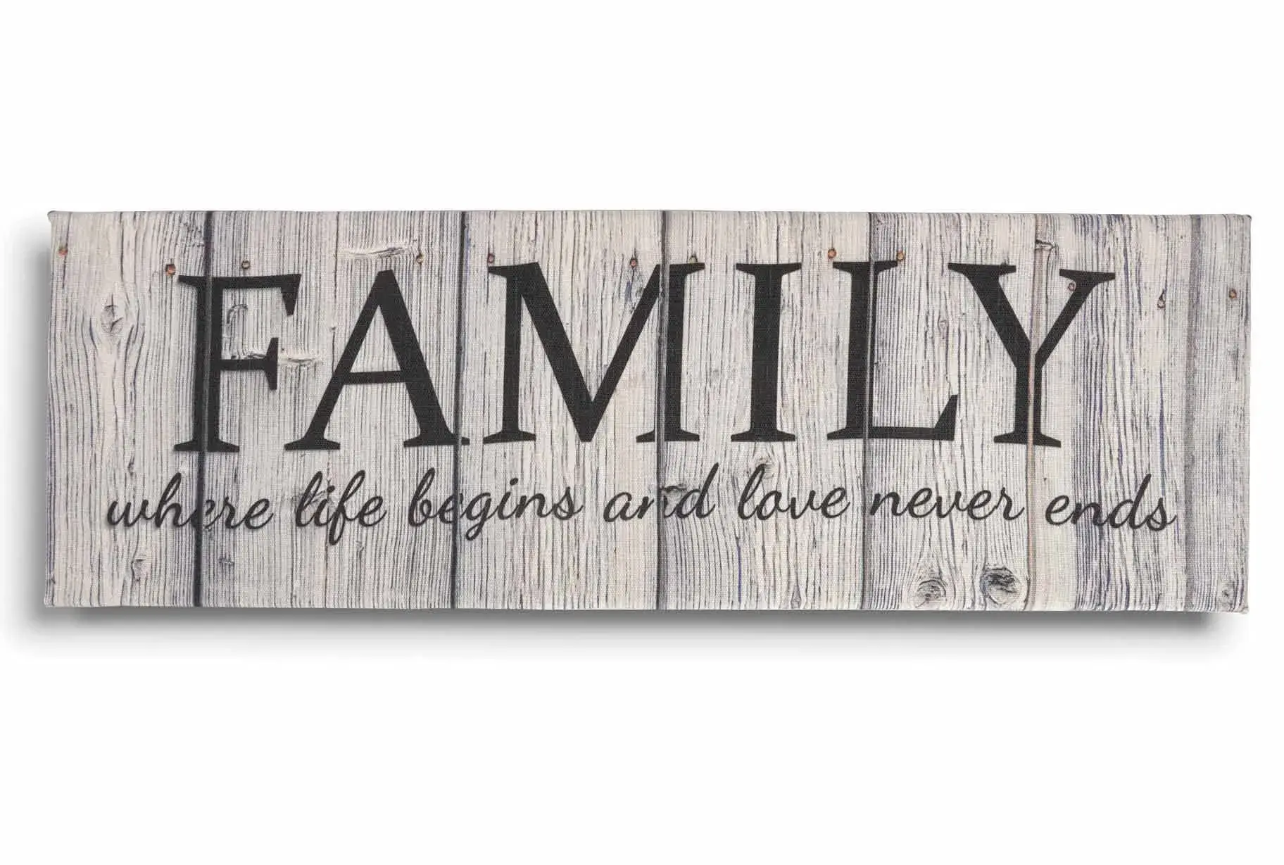 Inkdotpot Stretched Canvas Quotes Wall Art Decor, Family Love Never Ends, 8 x 24 Rustic Wall Sign, Farmhouse Decor - main product image