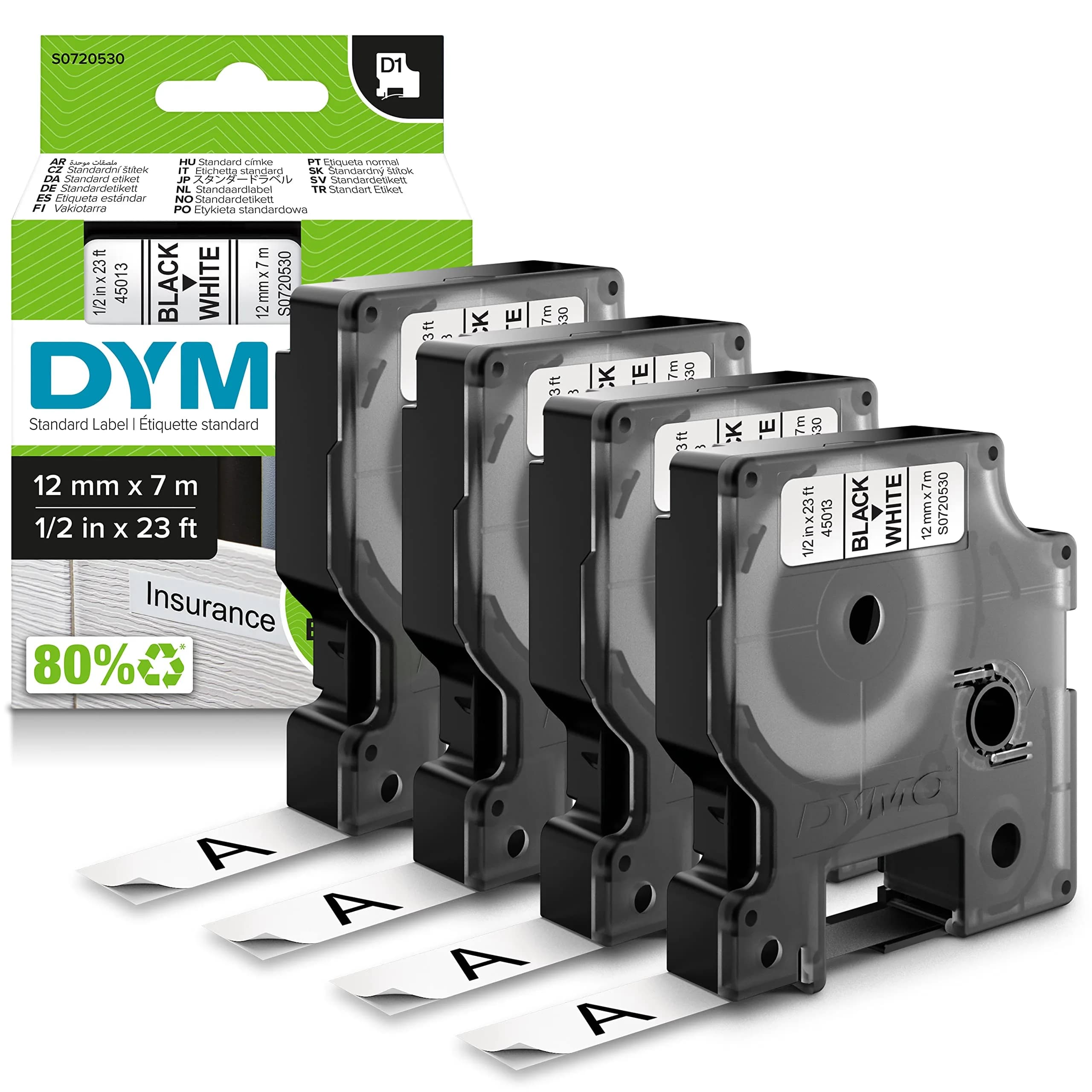 DYMO D1 Labels for LabelManager & LabelWriter Duo, 1/2-Inch x 23-Foot Rolls, Black Print on White, Self-Adhesive, Pack of 4