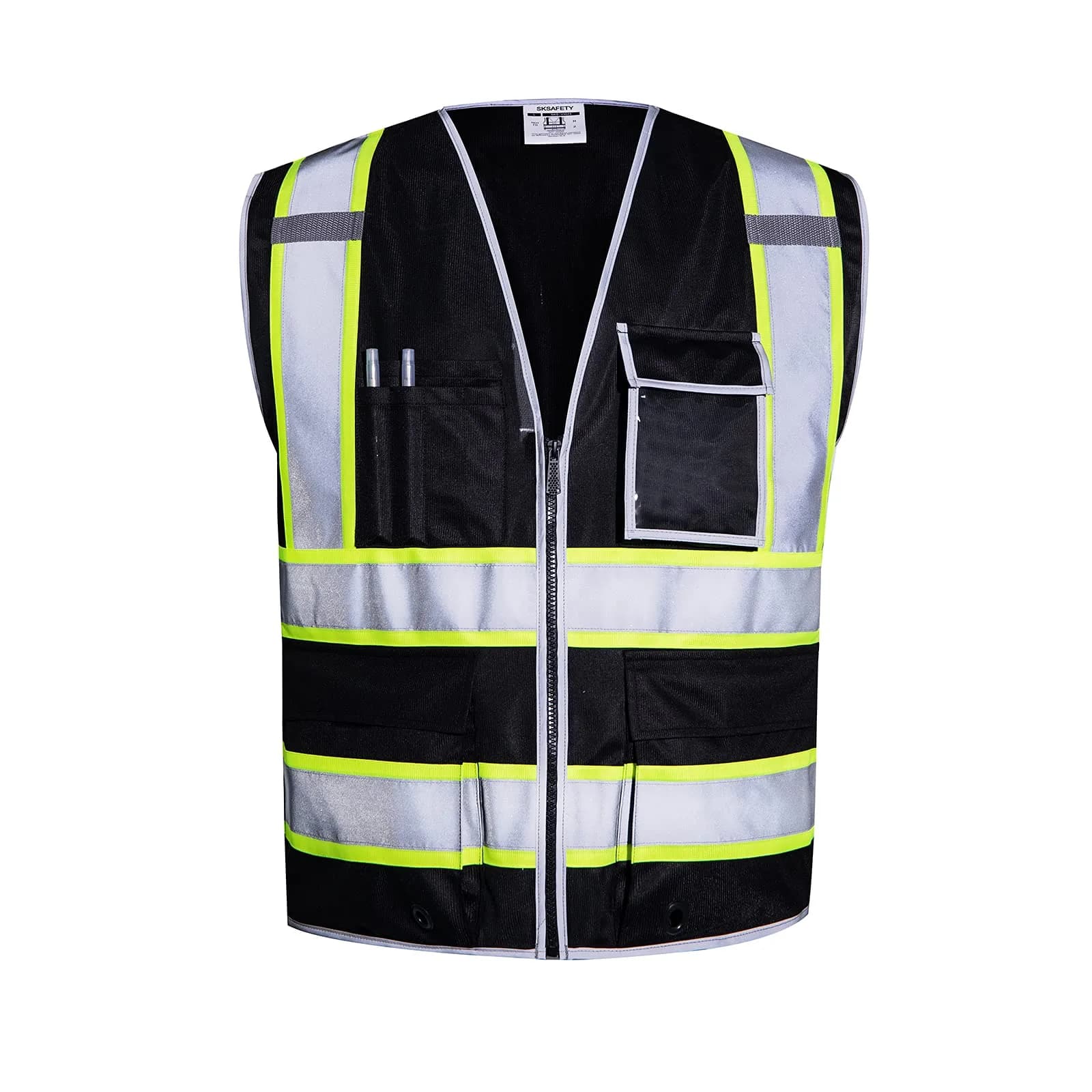 SKSAFETY Class 2 High Visibility Safety Vest with Zipper, Reflective Strips, ANSI/ISEA Standard, 10 Pockets, Black, Large (0.23 kg / 0.5 lb) - main product image