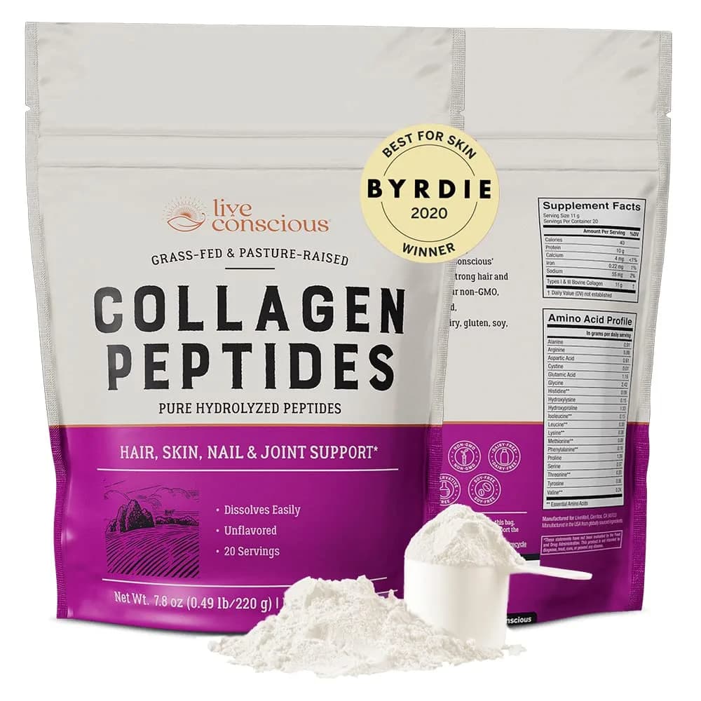Live Conscious Collagen Peptides Powder Type I & III, 7.8 oz (221g) | Hydrolyzed Bovine Protein for Skin, Hair, Nails - main product image