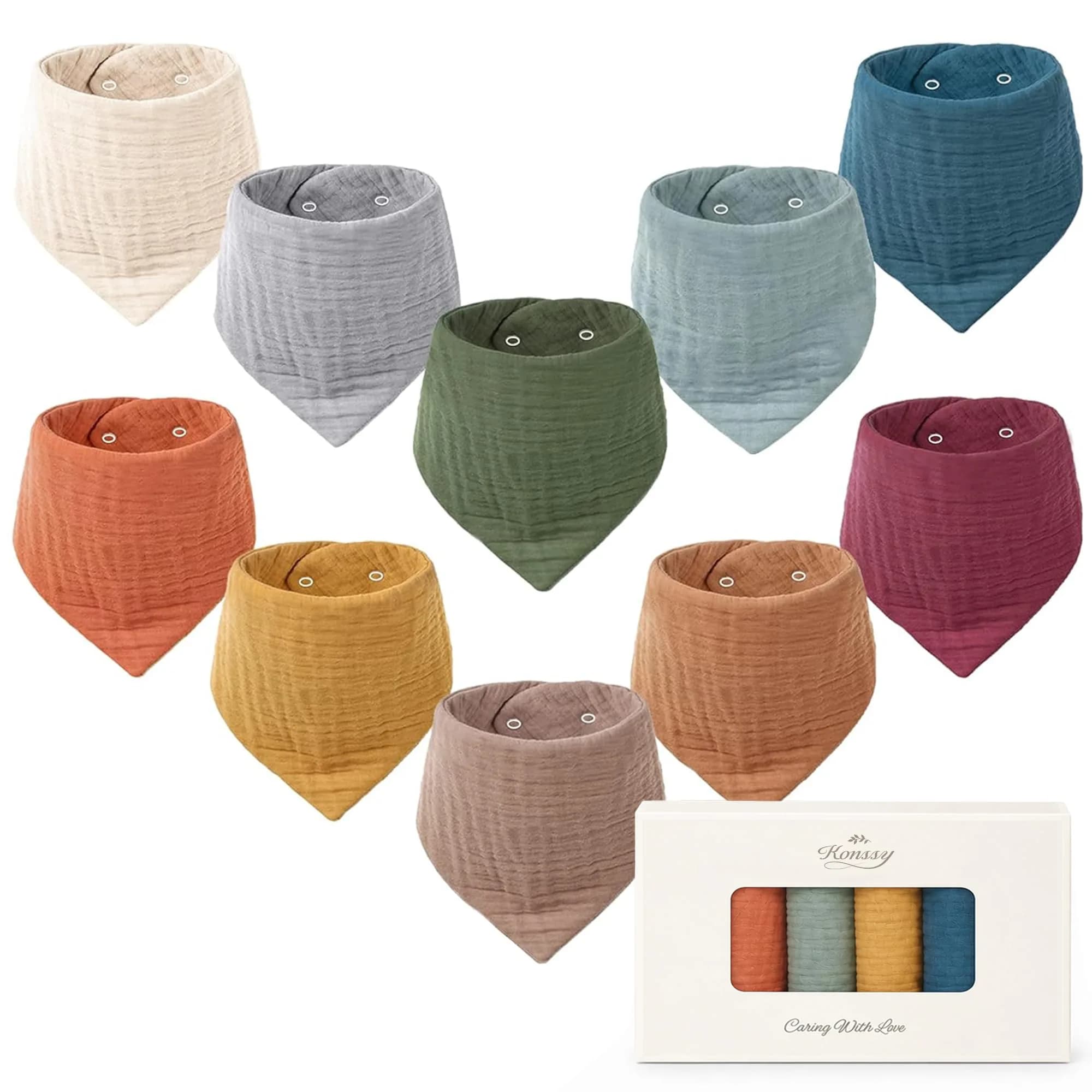 Konssy Baby Muslin Bandana Bibs 10 Pack | 6-Layer Organic Cotton, Adjustable, Soft & Absorbent for Drooling & Teething (One Size)