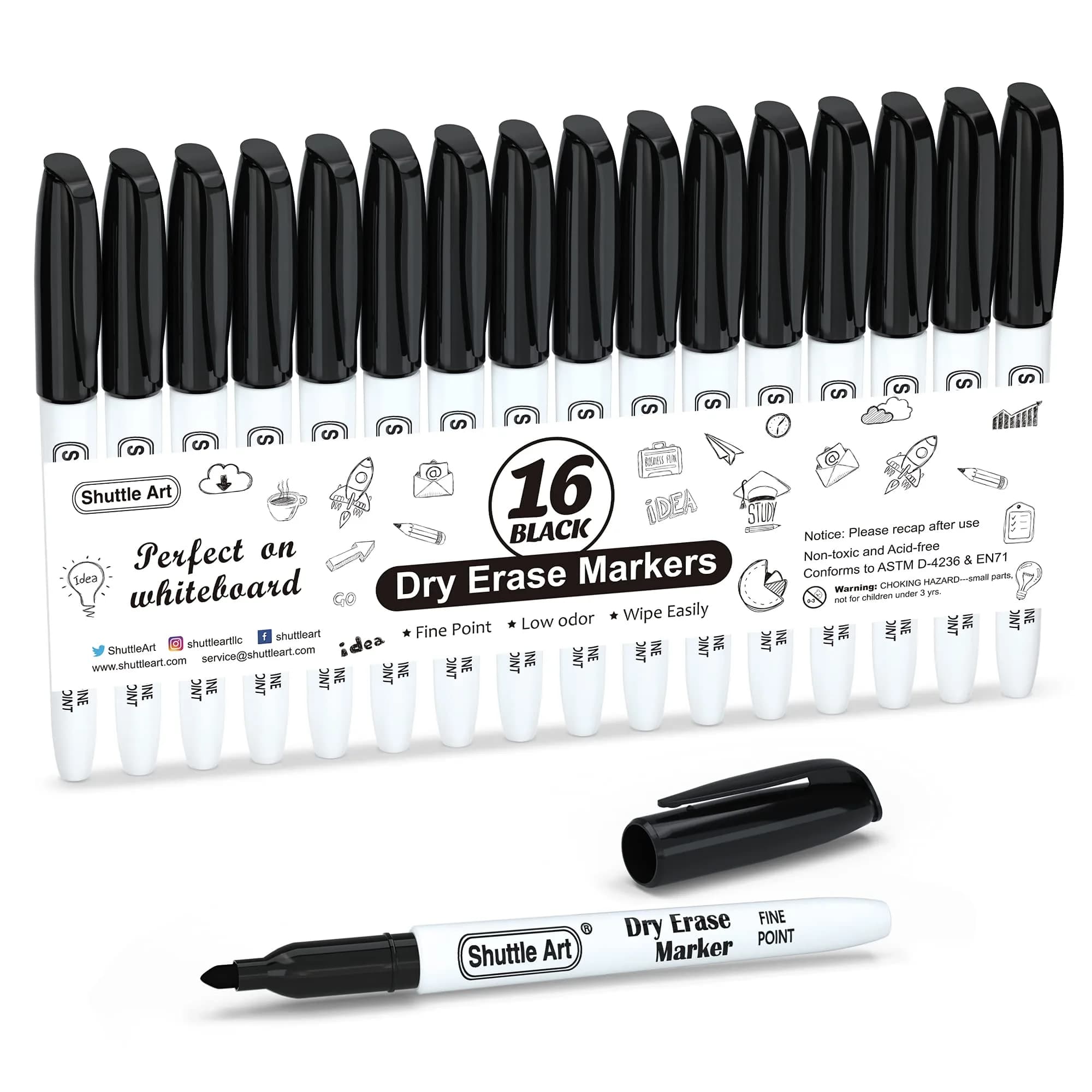 Shuttle Art Black Dry Erase Markers, 16 Pack Fine Tip | Smooth Ink Flow for Students & Office - main product image