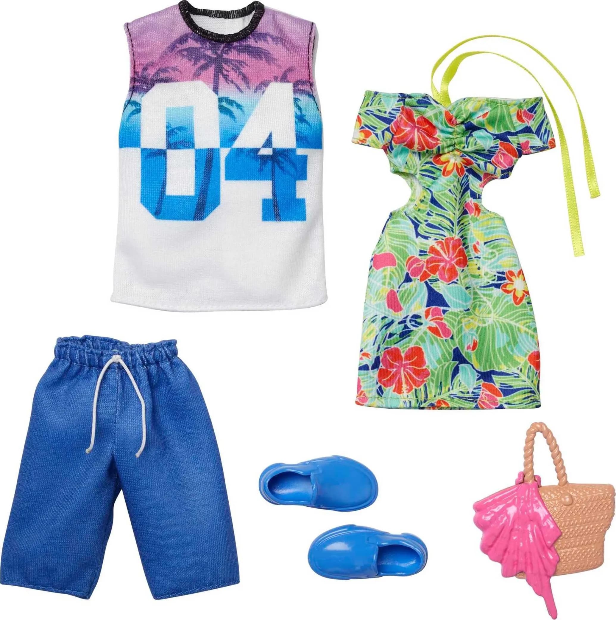 Barbie & Ken Fashions 2-Pack Clothing & Accessories Set, 1 Tropical Dress & Tote for Barbie Doll & 1 Tropical Shirt & Shorts Outfit with Shoes for Ken Doll | Double Styling Fun - main product image