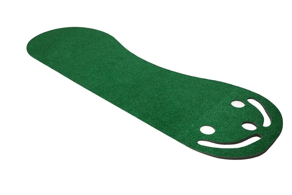 PUTT-A-BOUT Par Three Plus Golf Putting Green 3' x 9' | Kidney-Shaped Practice Mat with 3 Cups & Hazards - main product image