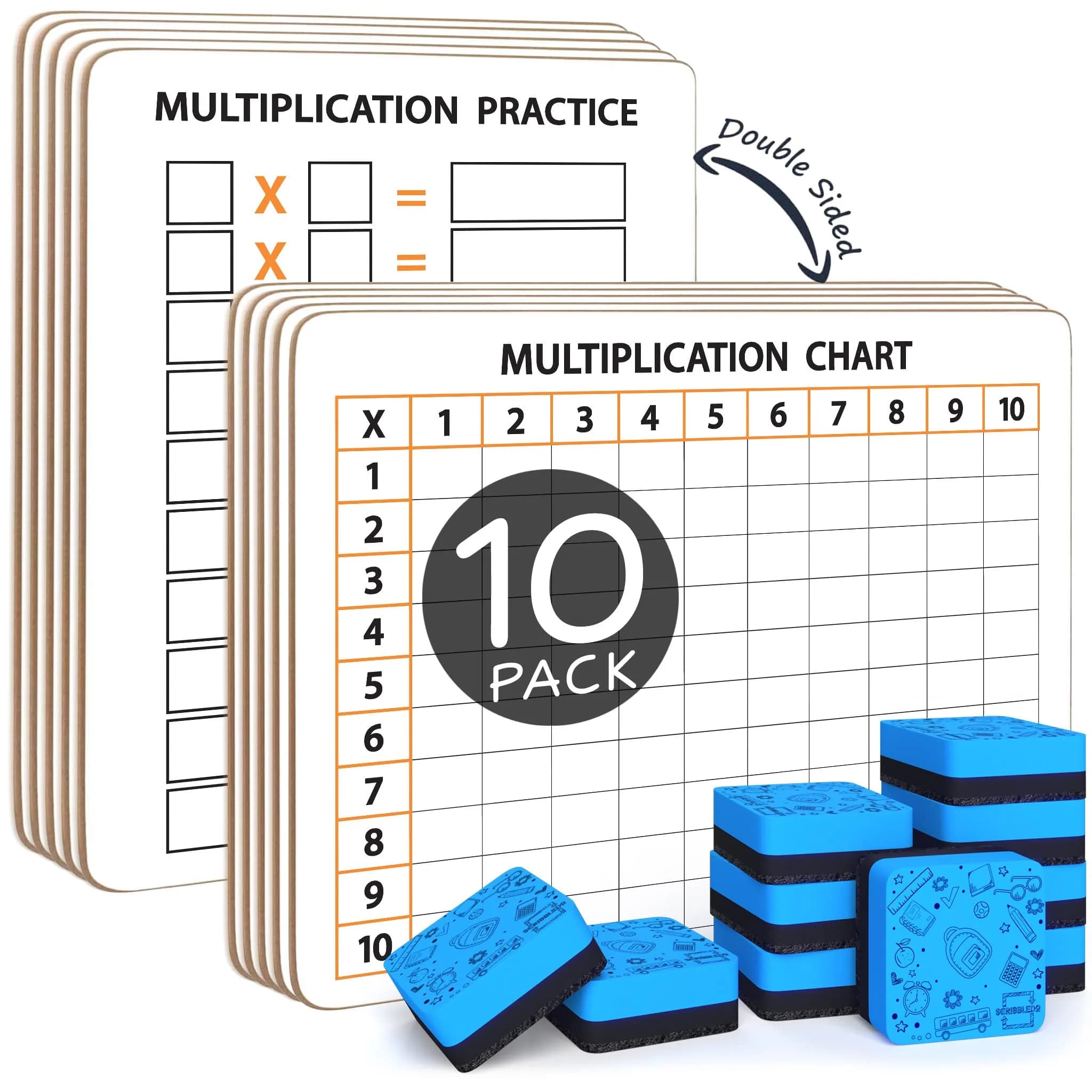 Scribbledo Multiplication Chart Dry Erase Boards 9x12 Inch, 10 Pack | Double-Sided Masonite Math Lapboards for Grades 3-5 - main product image
