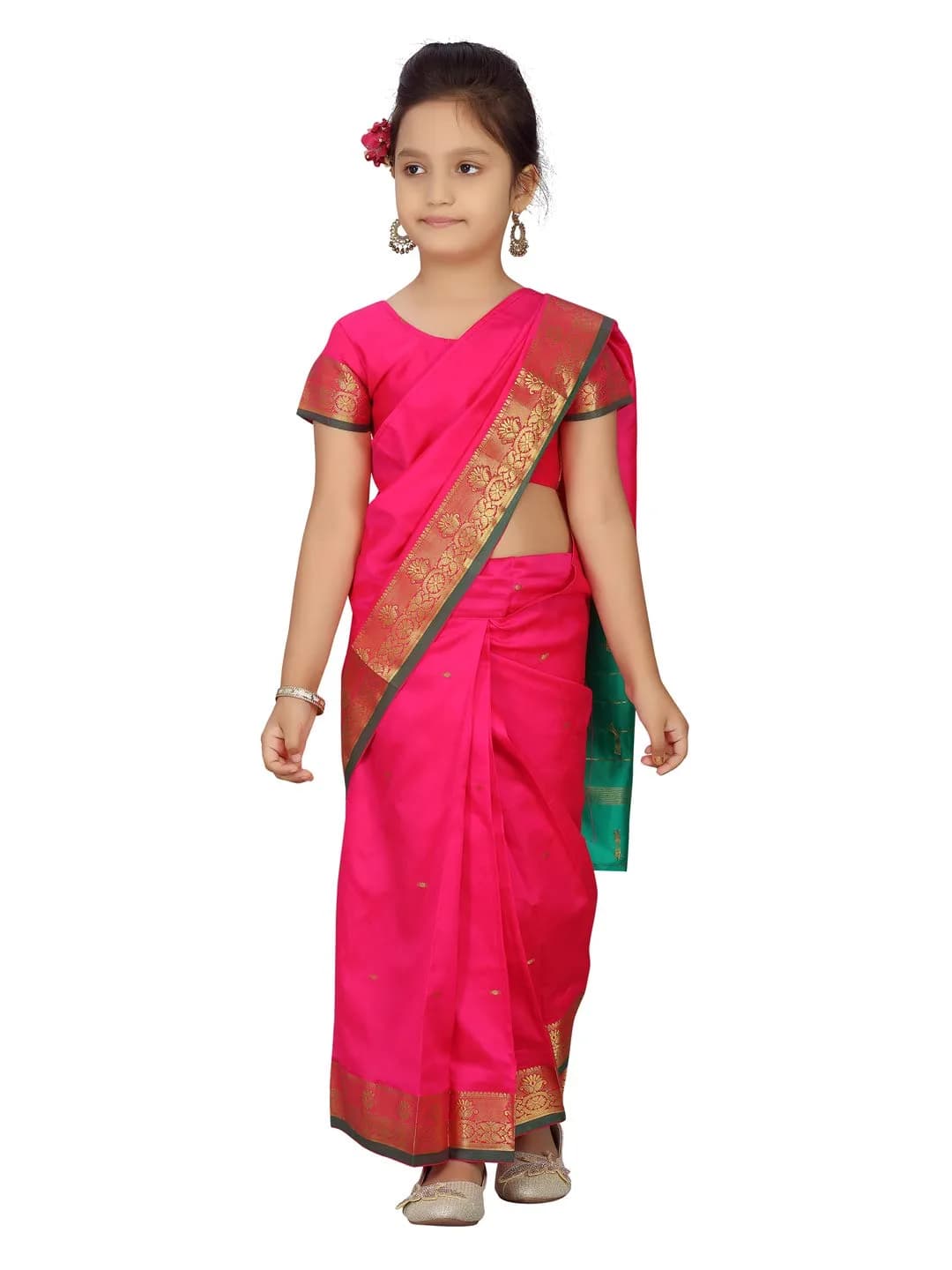 Aarika Girl's Pure Silk Saree with Blouse, Rani Pink, 5-6 Years | Party Wear Traditional Indian Outfit - main product image