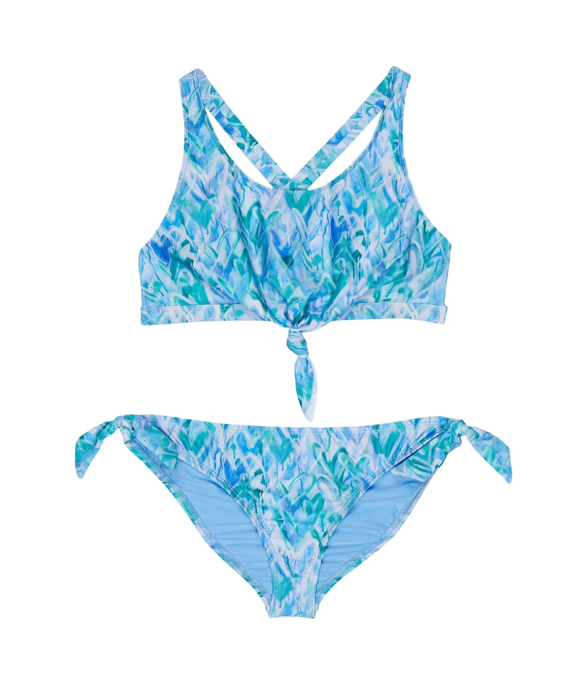 Splendid Girls Knot Front Bralette & Tie Side Retro Pant Set Blue | Heart Pattern, Sleeveless, Polyester Blend