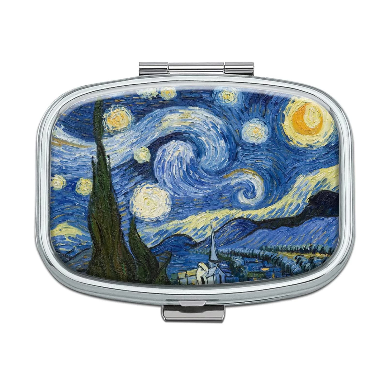 Hion Portable Pill Box 2 Compartment Metal with Plastic Divider | Van Gogh Starry Night Design - main product image