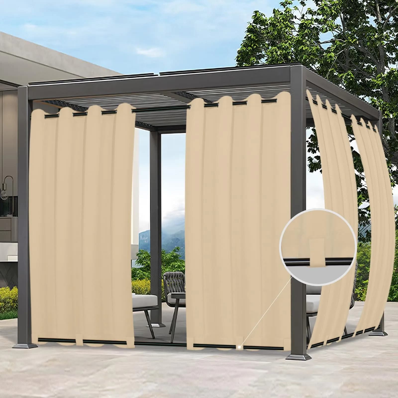 Easy-Going Outdoor Curtains for Patio 54x108 inch Grey Waterproof Windproof Wind Resistant