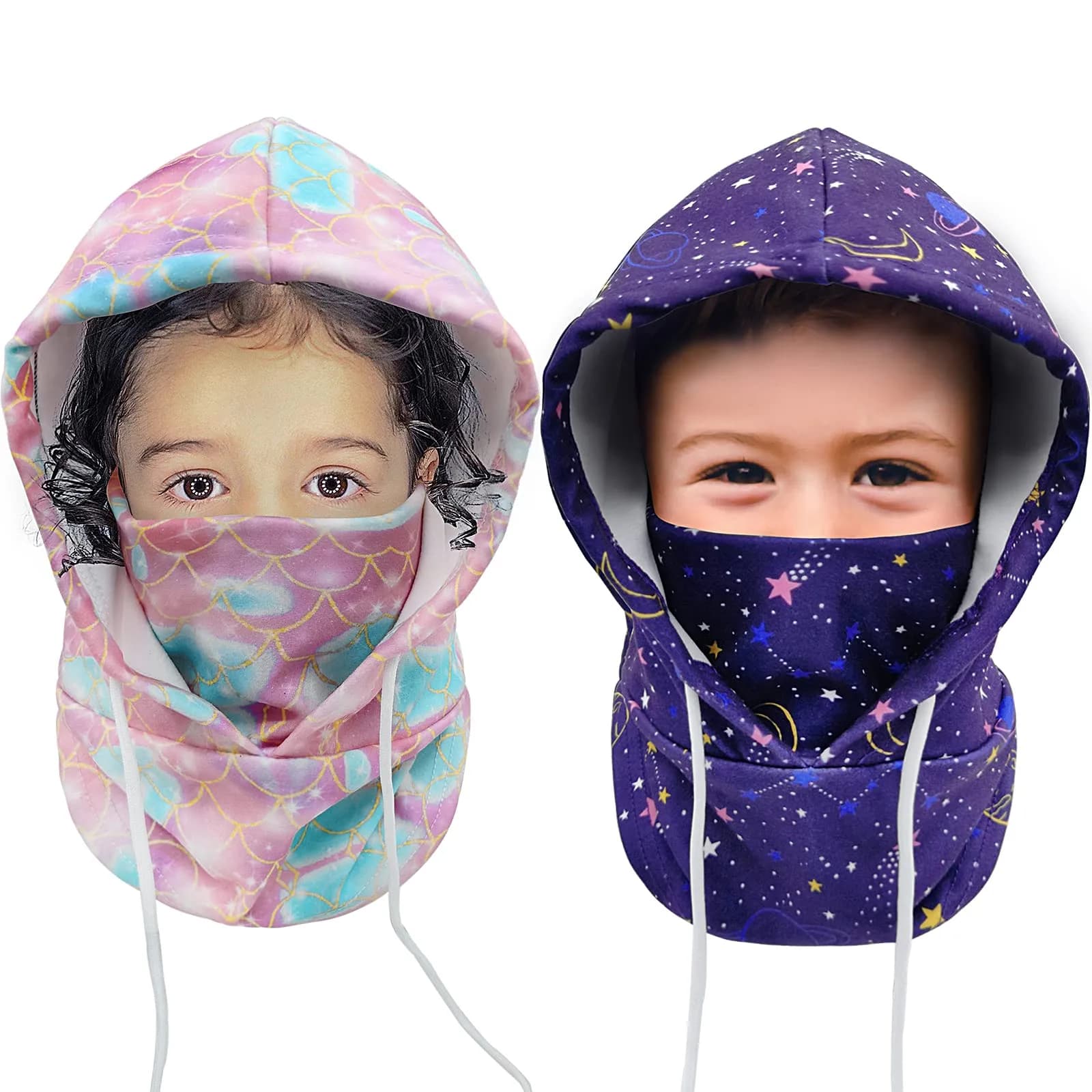 Ineetatu Kids Winter Balaclava Hat (2 Pack) Universe + Fish Scales | Windproof Fleece Ski Mask for Boys & Girls