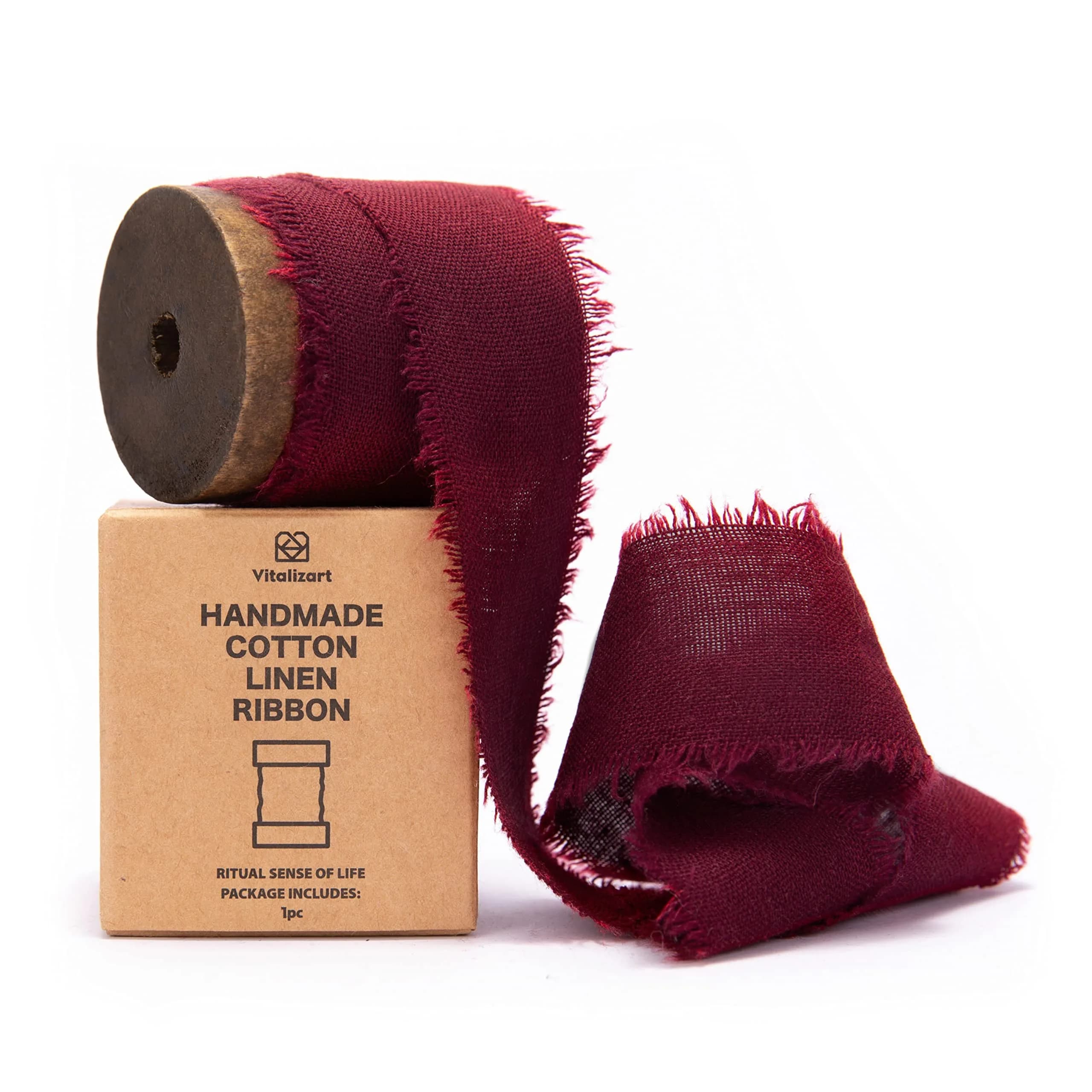 Vitalizart Burgundy Cotton Linen Ribbon with Spool 1.5" (4.57m) | Handmade Frayed Edge - main product image