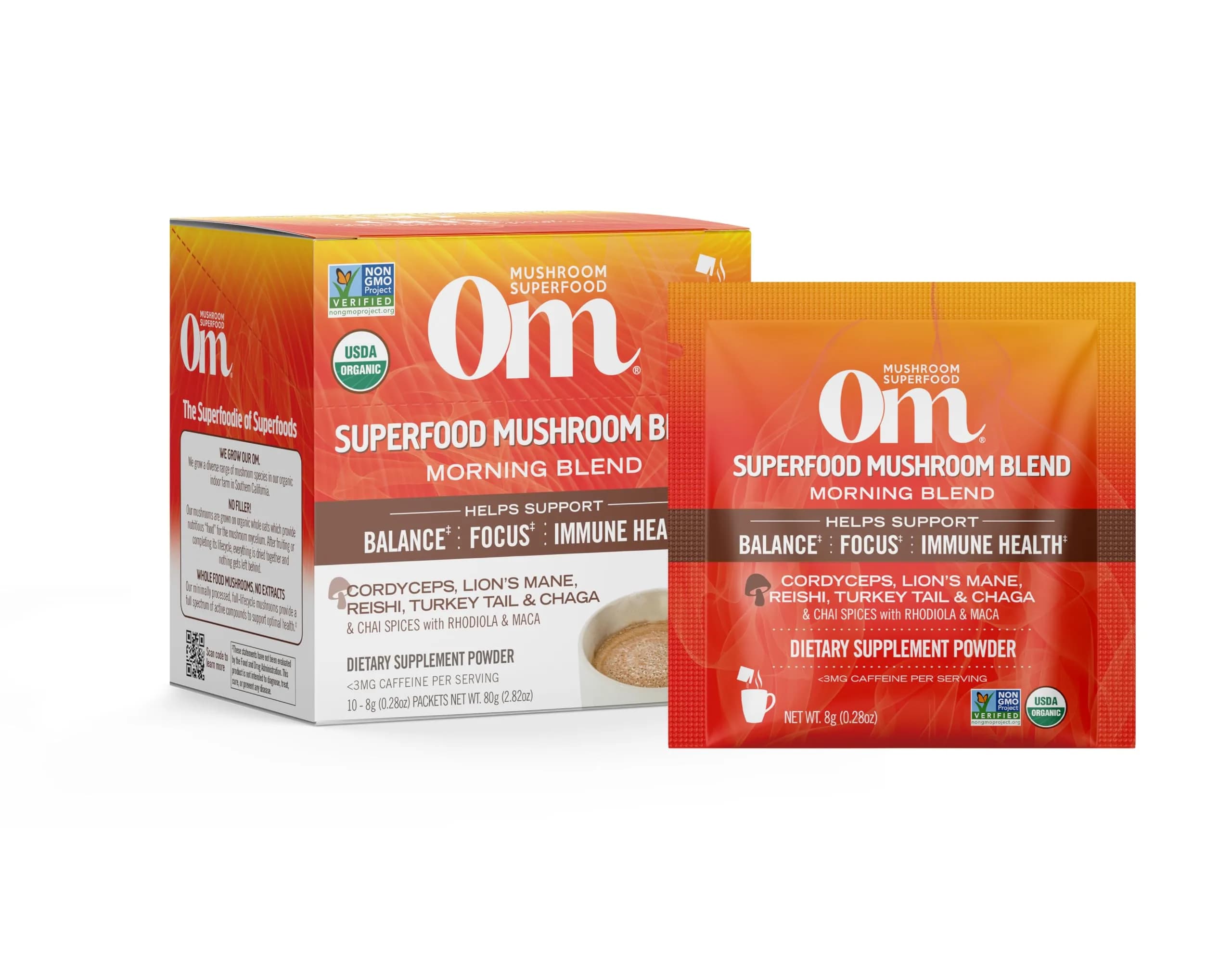OM MUSHROOM SUPERFOOD Morning Energy Blend – Mushroom Drink Mix with Cordyceps, Lion’s Mane, Rhodiola & Vitamin D2 | Natural Energy & Focus