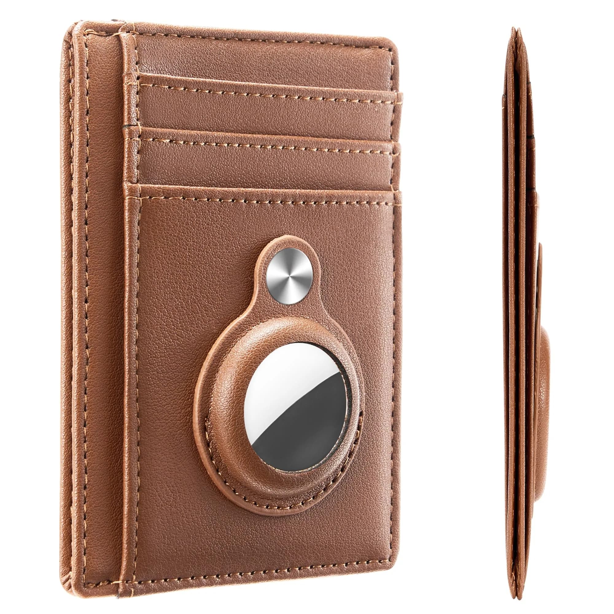Hawanik Slim Minimalist Front Pocket Air Tag Wallet Thin Card Holder Wallet | RFID Protected, Brown Leather, 3.3" x 4.1" - main product image