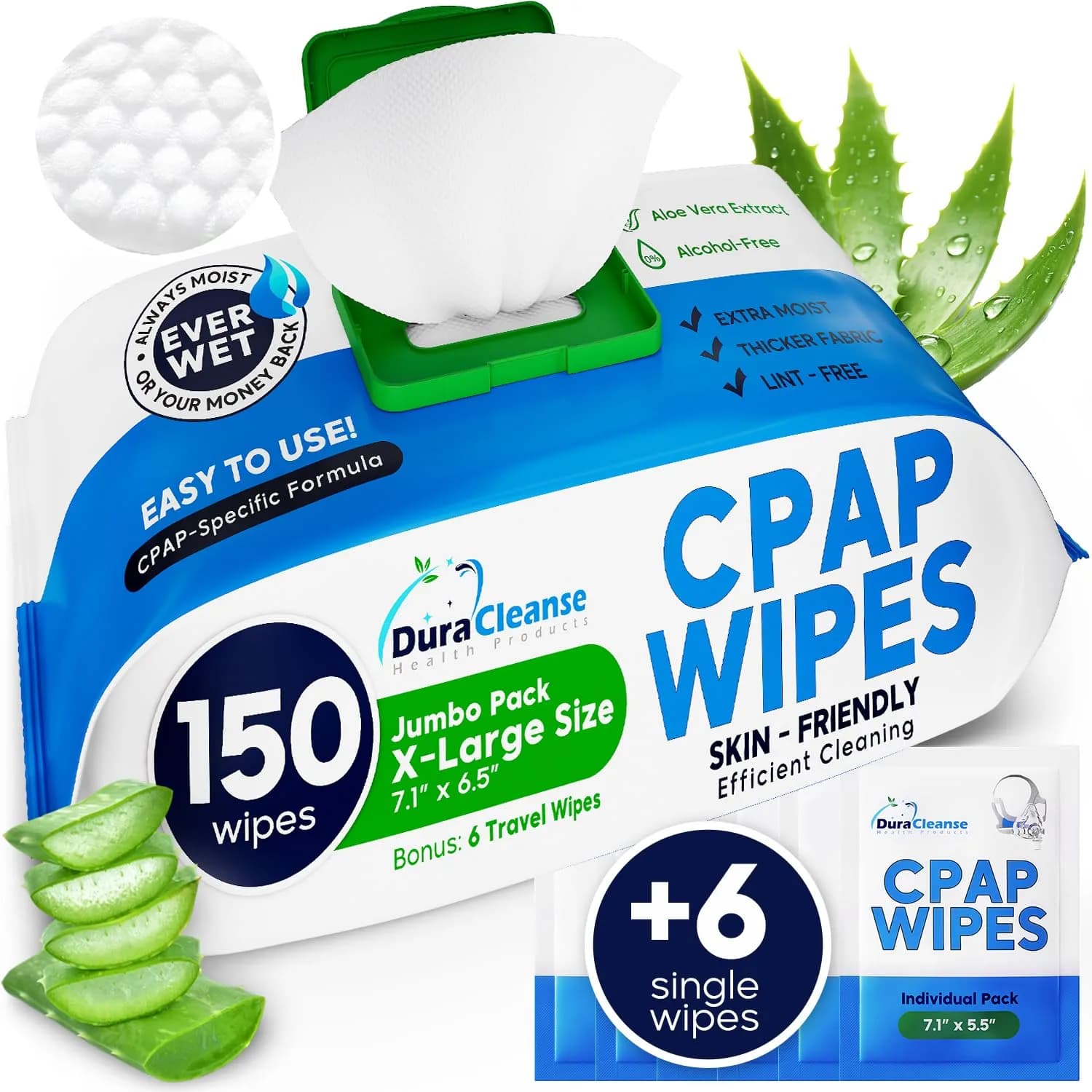 Dura Cleanse XL CPAP Mask Wipes - 156 Count (150 + 6 Travel) | Unscented, Alcohol-Free, Aloe Vera Infused - main product image