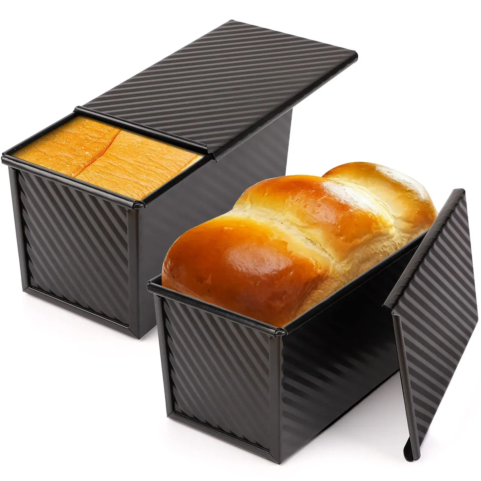 Beasea Pullman Loaf Pan with Lid, 2 Pack 1 lb | Non-Stick Carbon Steel Bakeware for Homemade Bread