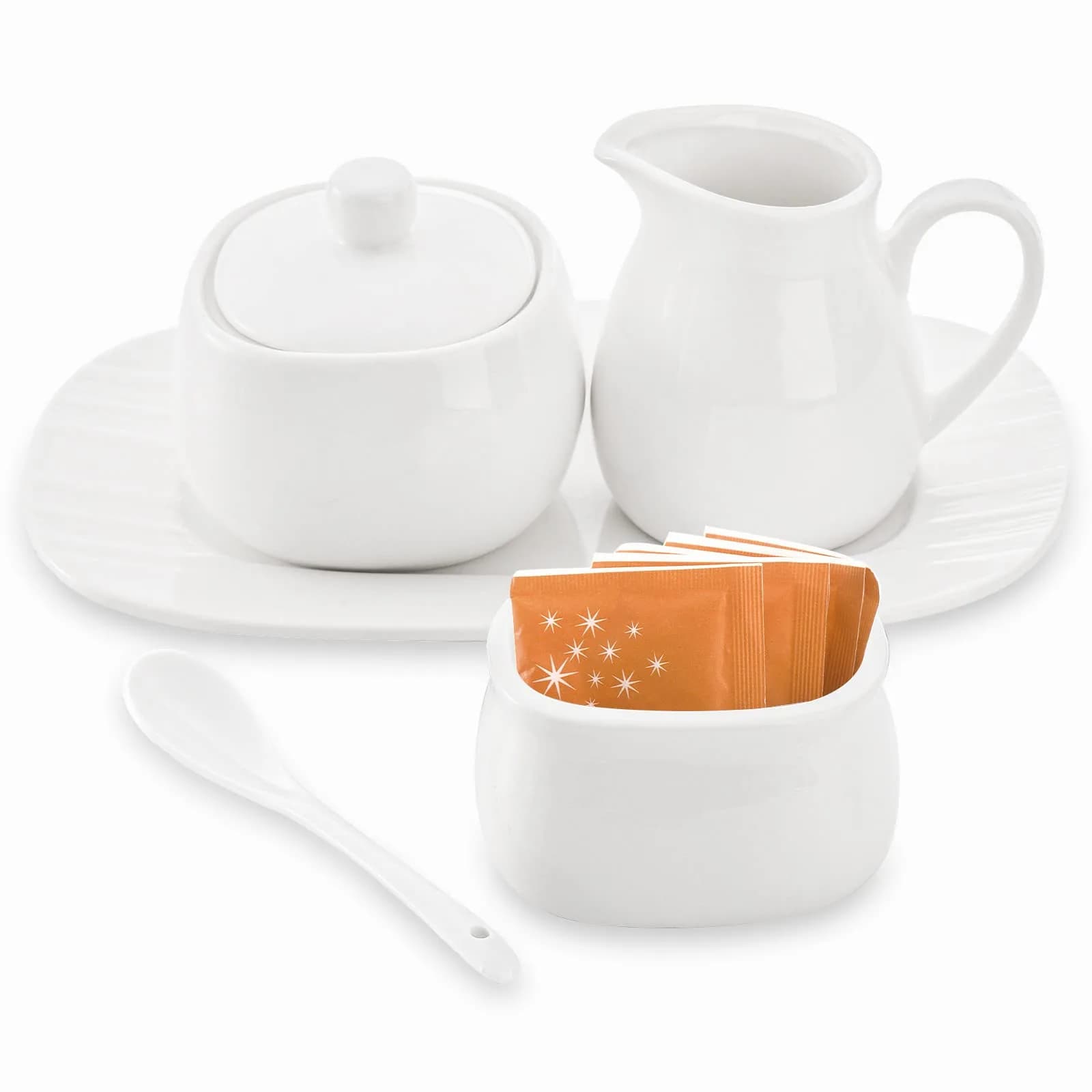 Dicunoy White Ceramic Sugar and Creamer Set with Lid, Spoon, Tray & Sweetener Box | 180ml (6oz) Creamer