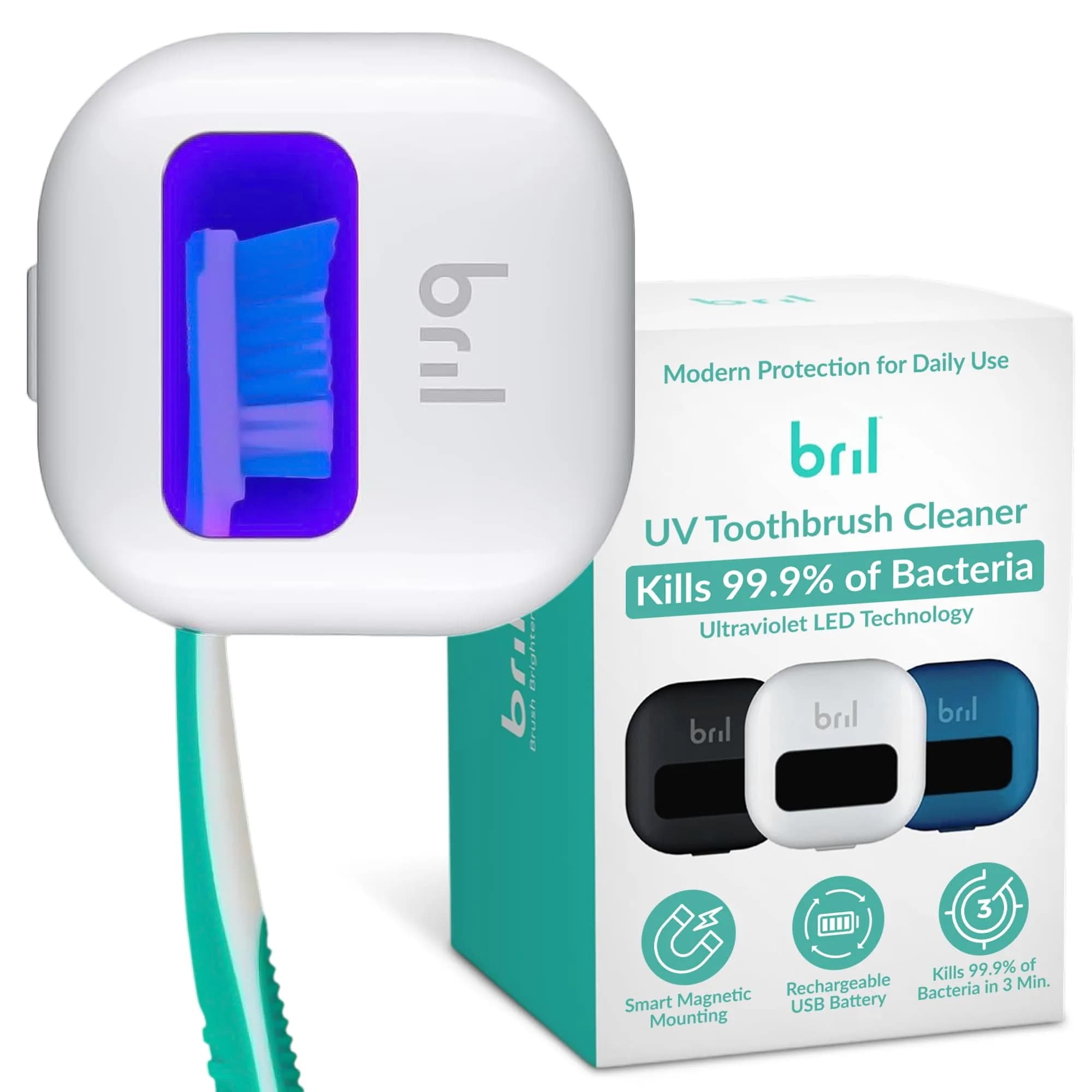 Bril UV-C Toothbrush Sanitizer and Holder – Wall Mount, Rechargeable, 30-Day Battery, Auto-Shutoff, Fits Electric & Manual Brushes, White - main product image