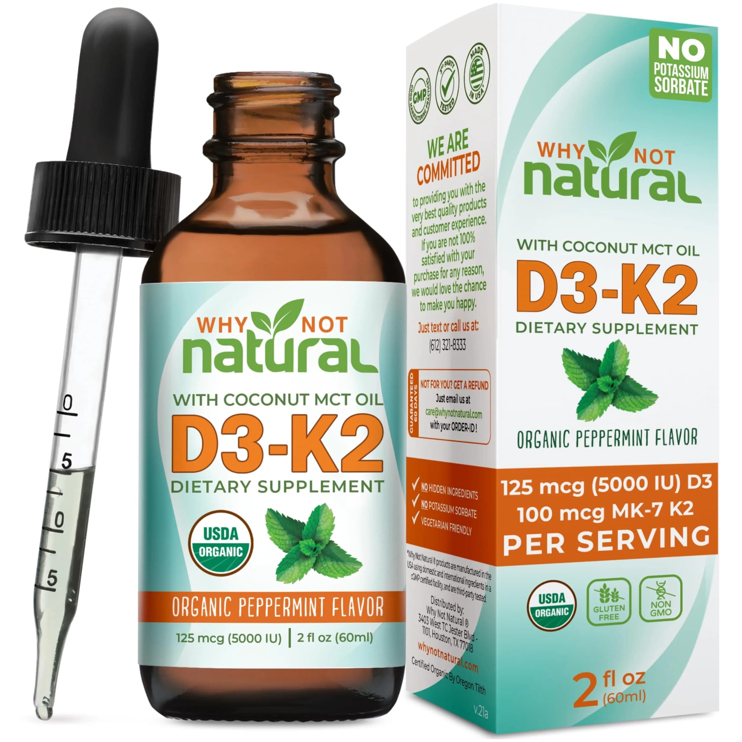 Why Not Natural Organic Vitamin D3 K2 Liquid Drops 2 Fl Oz | Supports Strong Bones & Heart
