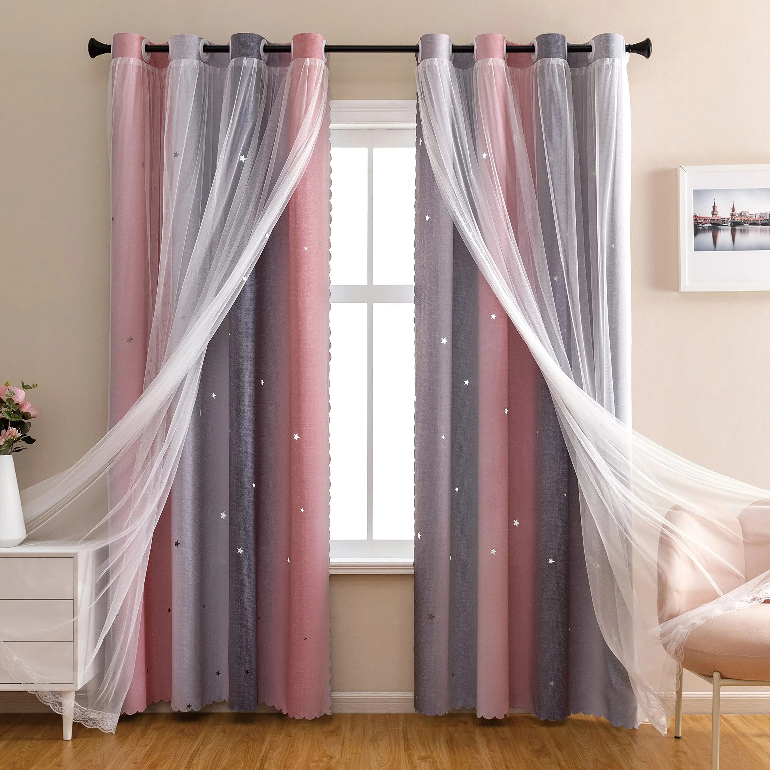 XiDi Pink and Grey Rainbow Curtains for Girls and Kids Bedroom 34"W x 72"L | Dreamy Starry Sky Effect - main product image