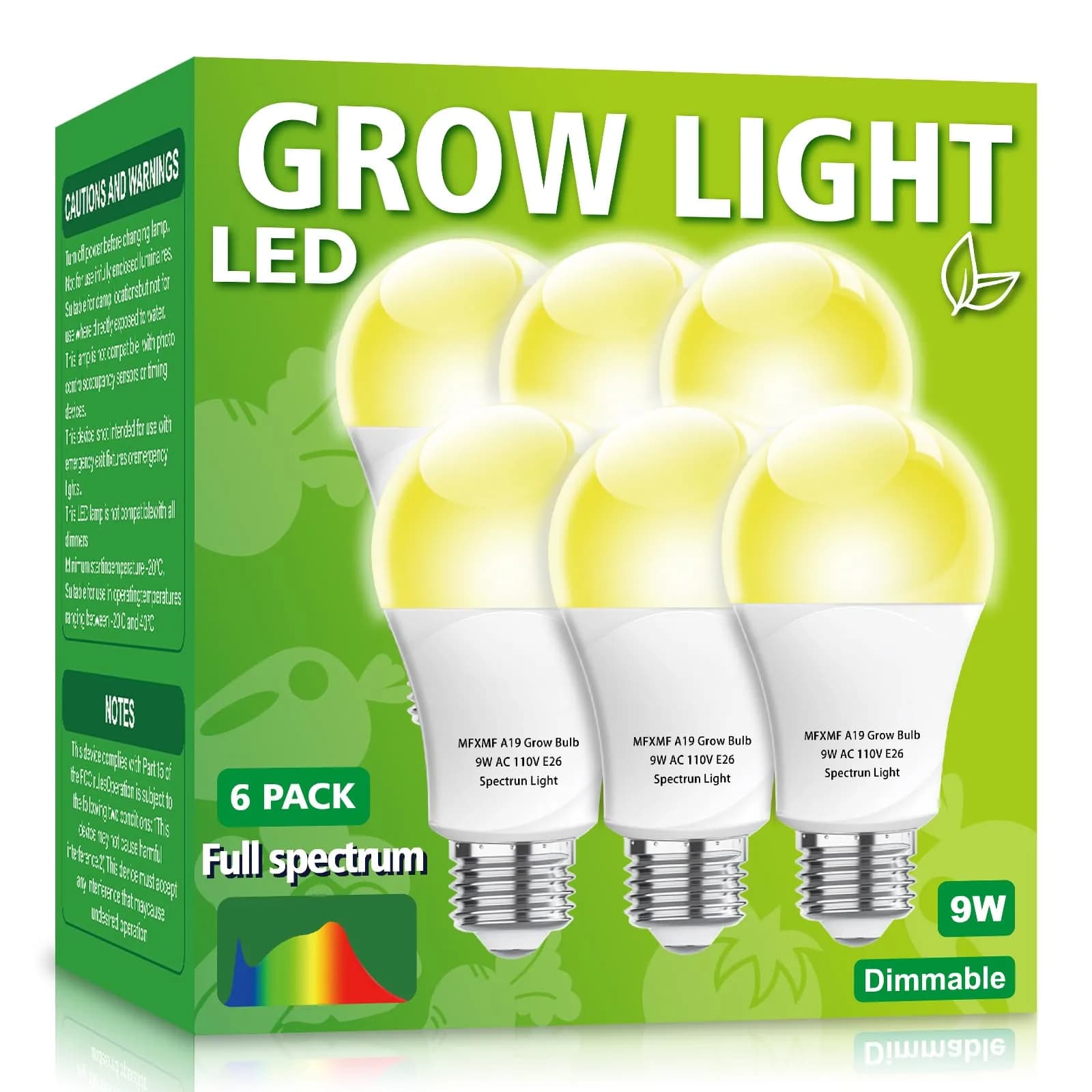 MFXMF 6 Pack LED Grow Light Bulbs | 9W Full Spectrum A19, Replaces 100W, 20,000 Hour Lifespan - main product image