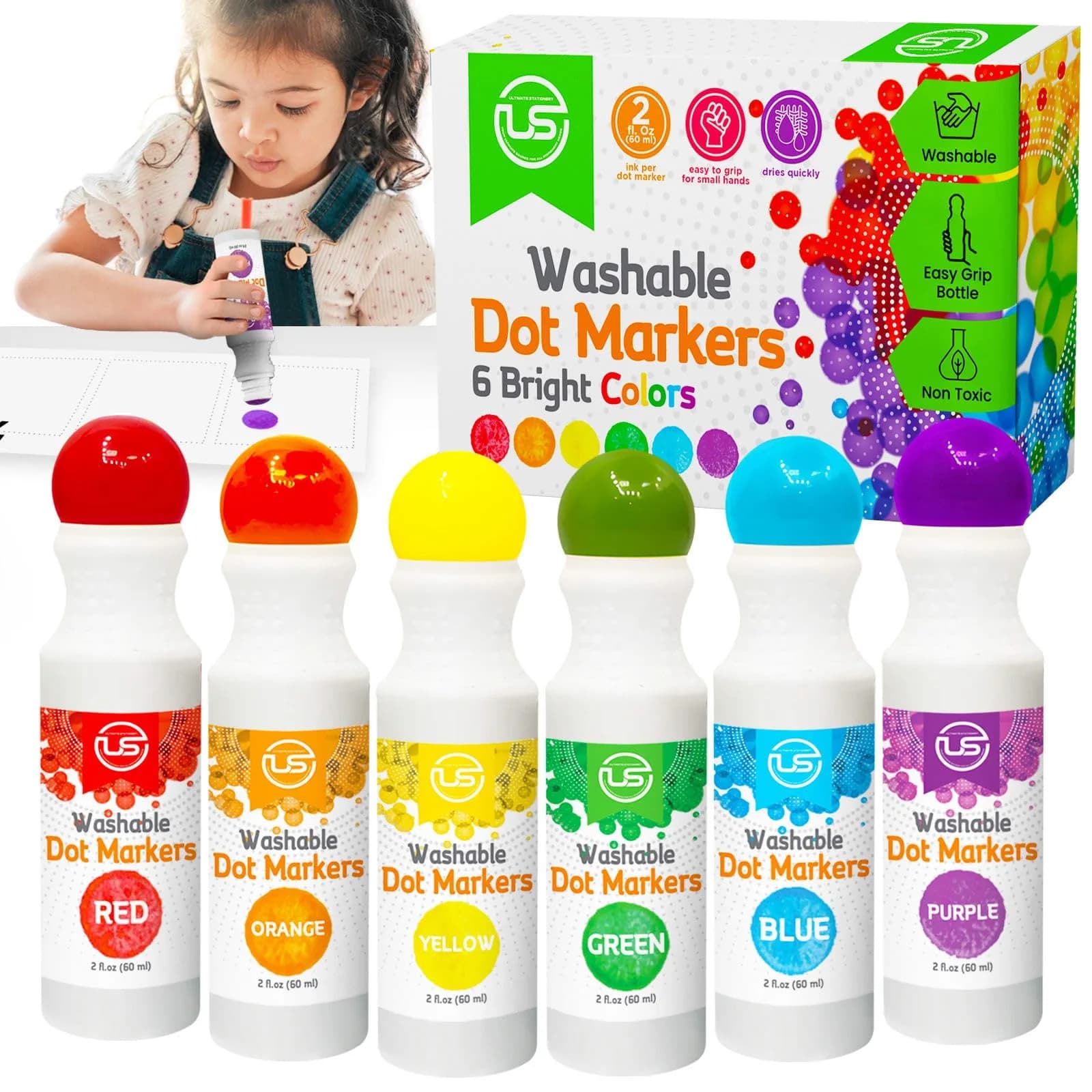 Ultimate Stationery Dot Markers for Toddlers and Kids, 6 Color Bingo Daubers, Washable Paint Markers (6-Pack)