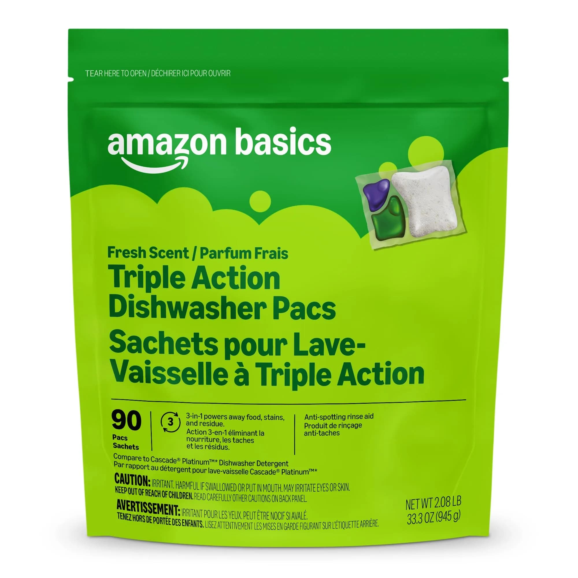 Amazon Basics Triple Action Dishwasher Pacs, Fresh Scent, 90 Count | Powerful Cleaning for Sparkling Dishes - main product image