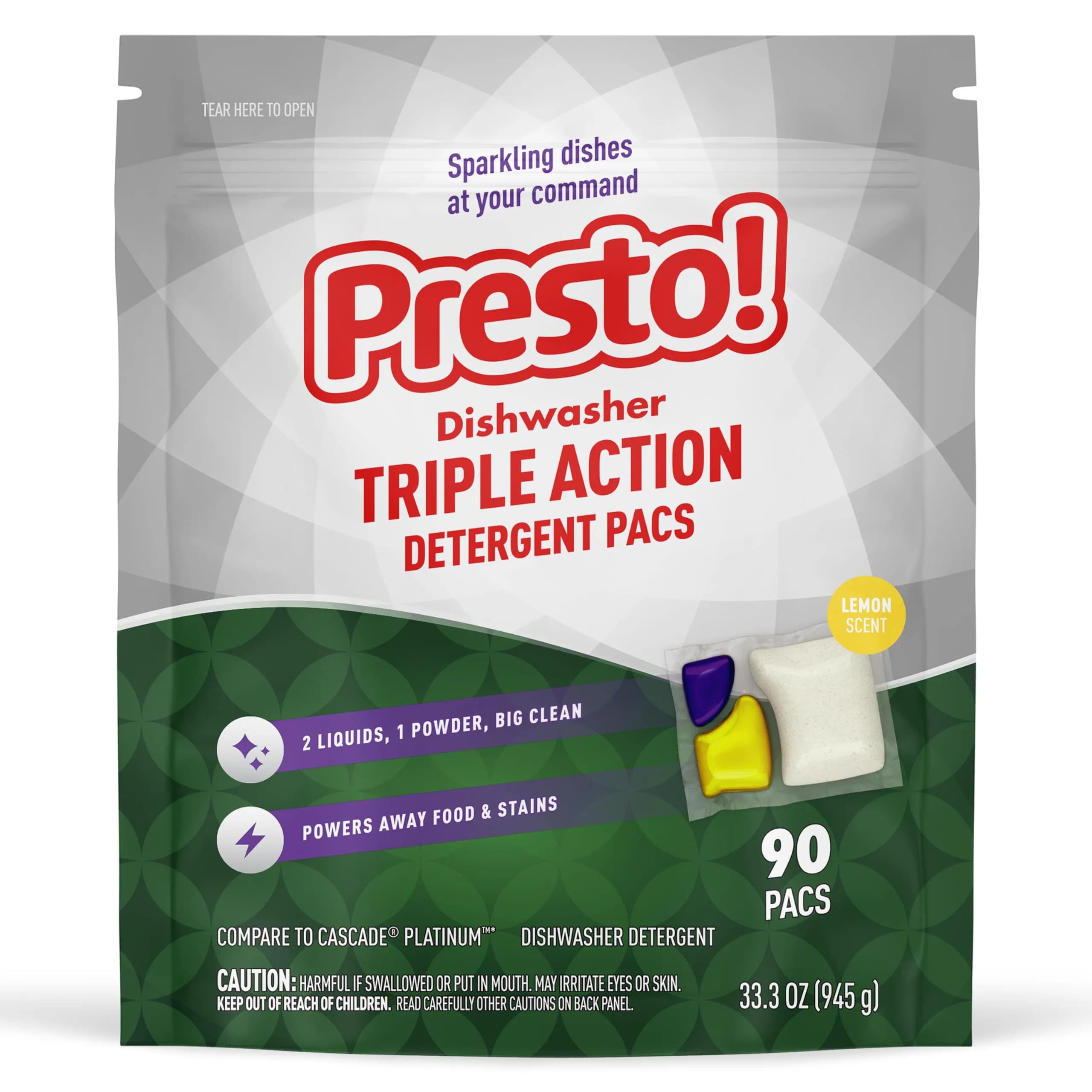 Presto! Lemon Scent Triple Action Dishwasher Pacs 90 Count | Powerful Cleaning for Spotless Dishes - main product image