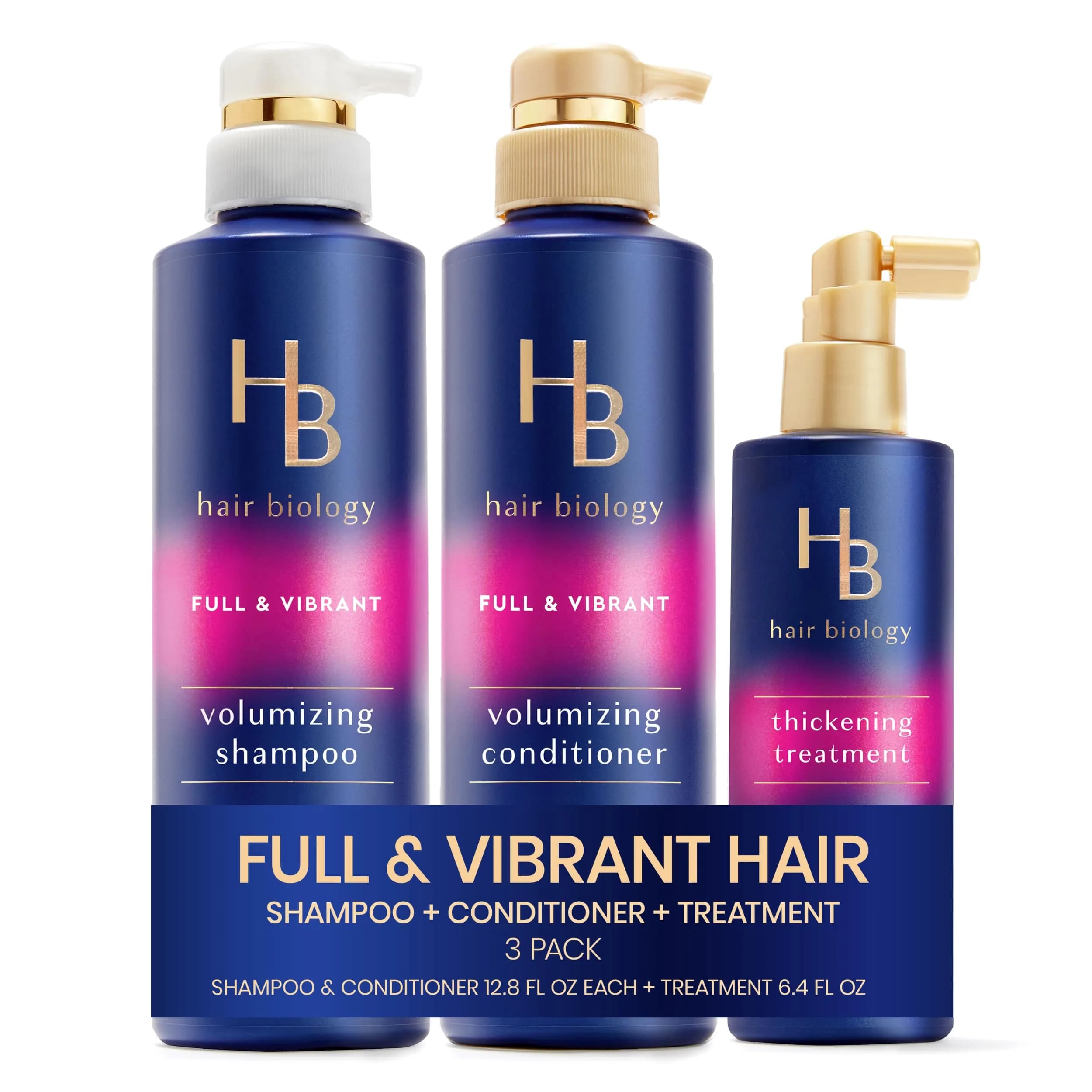 Hair Biology Full & Vibrant Set Including: Volumizing Shampoo (385ml), Conditioner (385ml) & Thickening Treatment (189ml) | Biotin Infused, Paraben-Free, Color-Safe