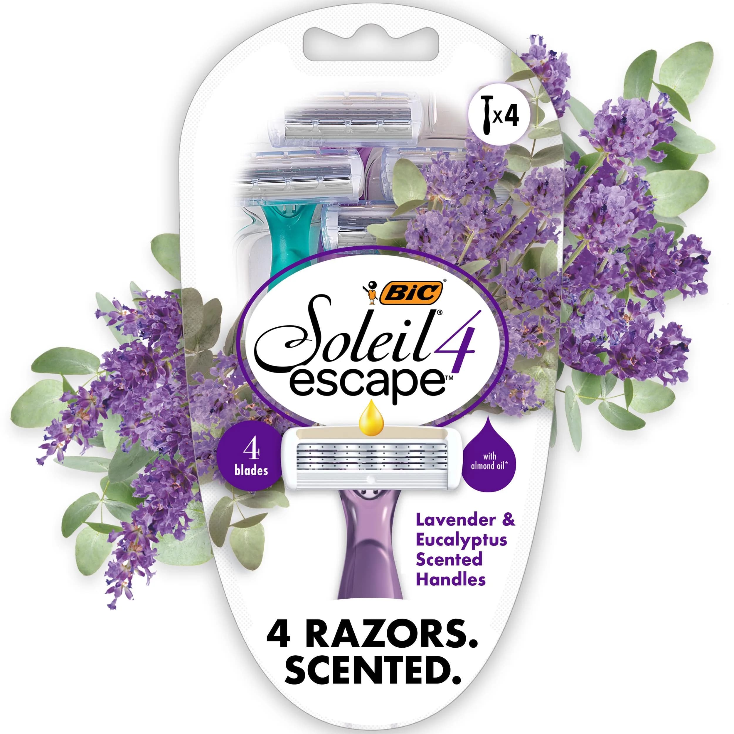 BIC Soleil 4 Escape Womens Disposable Razors, 4-Blade, 4-Pack, Lavender | Comfortable, Travel-Friendly Shaving