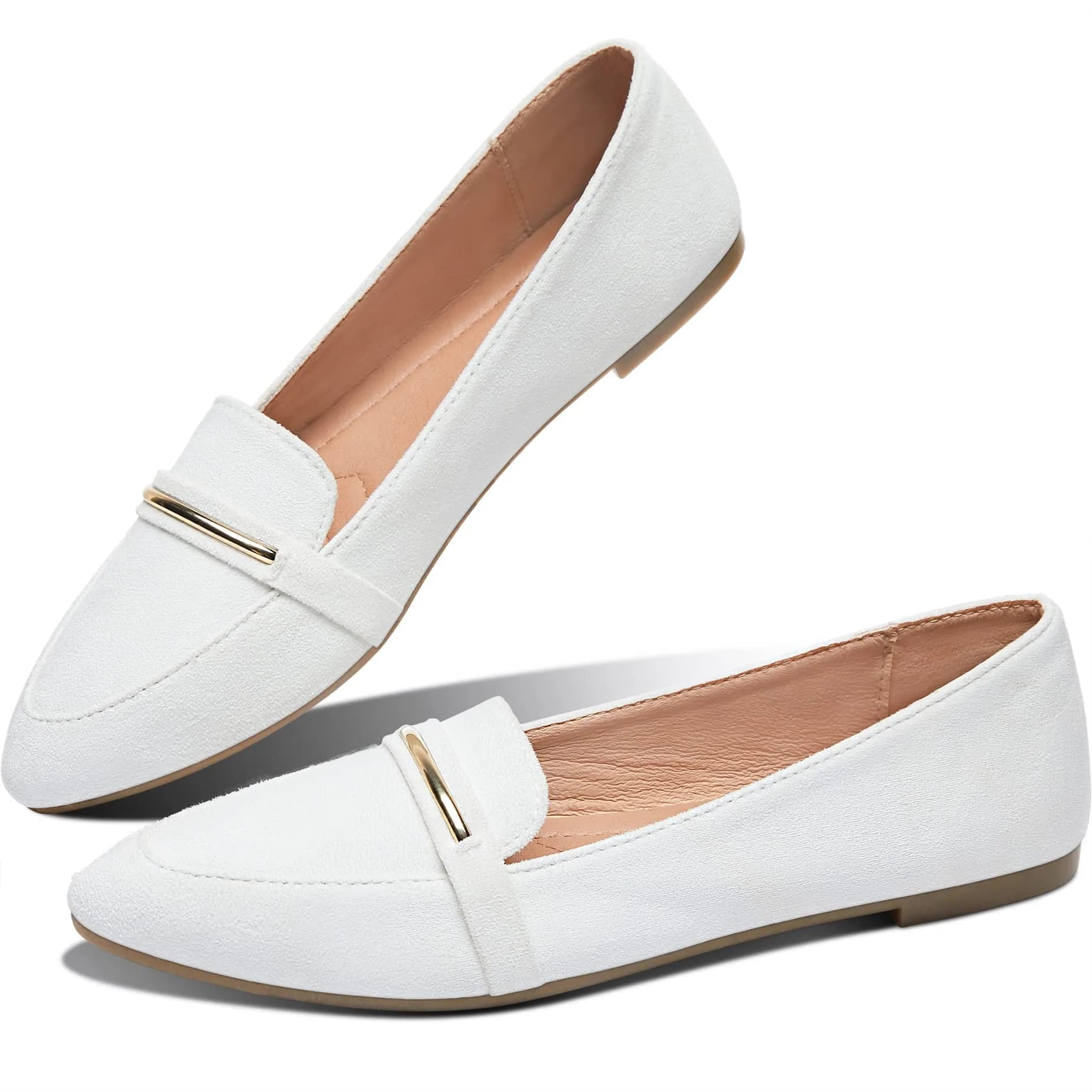 Obtaom Women's Pointy Toe Loafer Flat Comfortable Faux Suede Work Shoes, White US7 | Elegant & Breathable