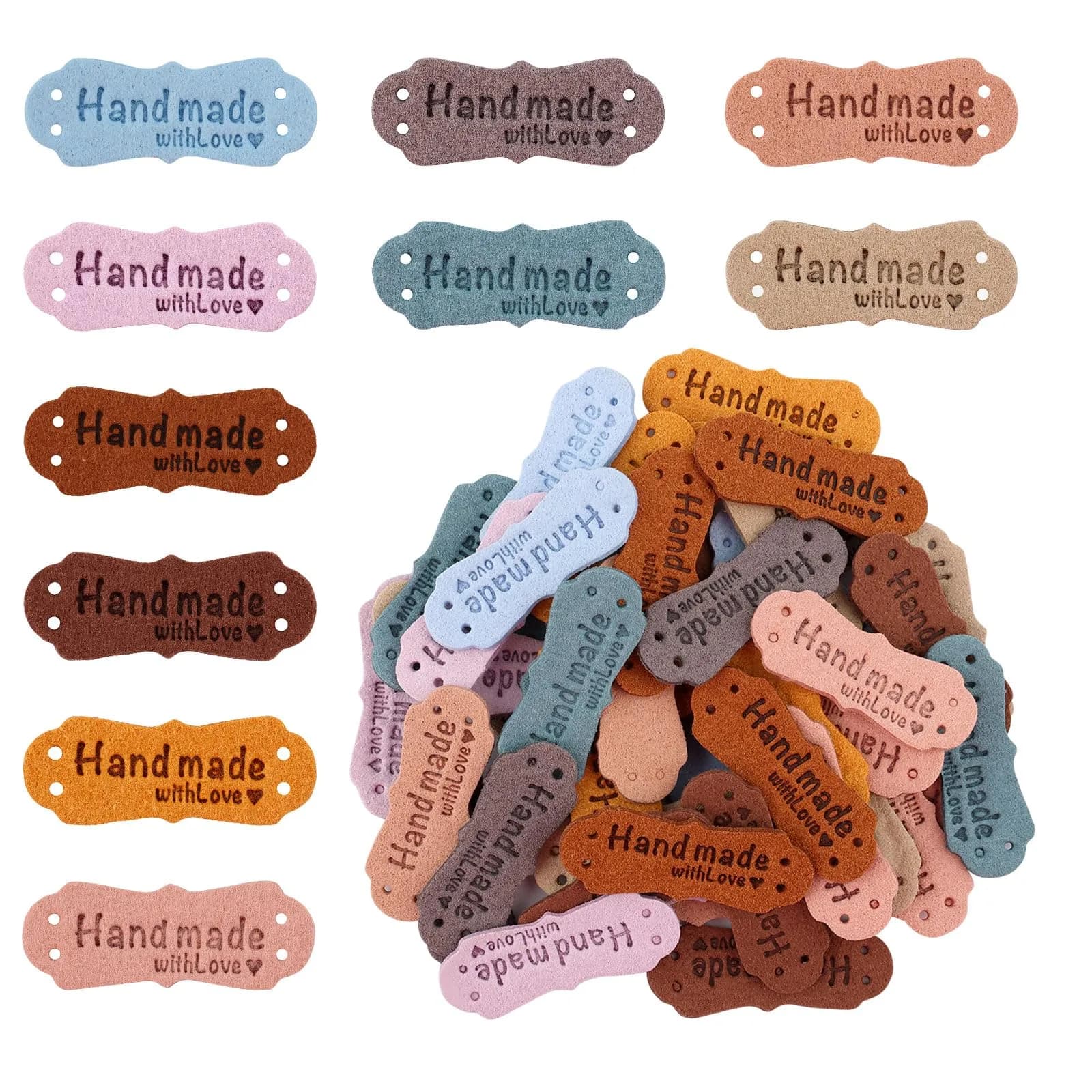 SAVITA Handmade Leather Labels with Love Hearts - 50pcs, 10 Colors | Embossed Crochet Tags for Crafts - main product image